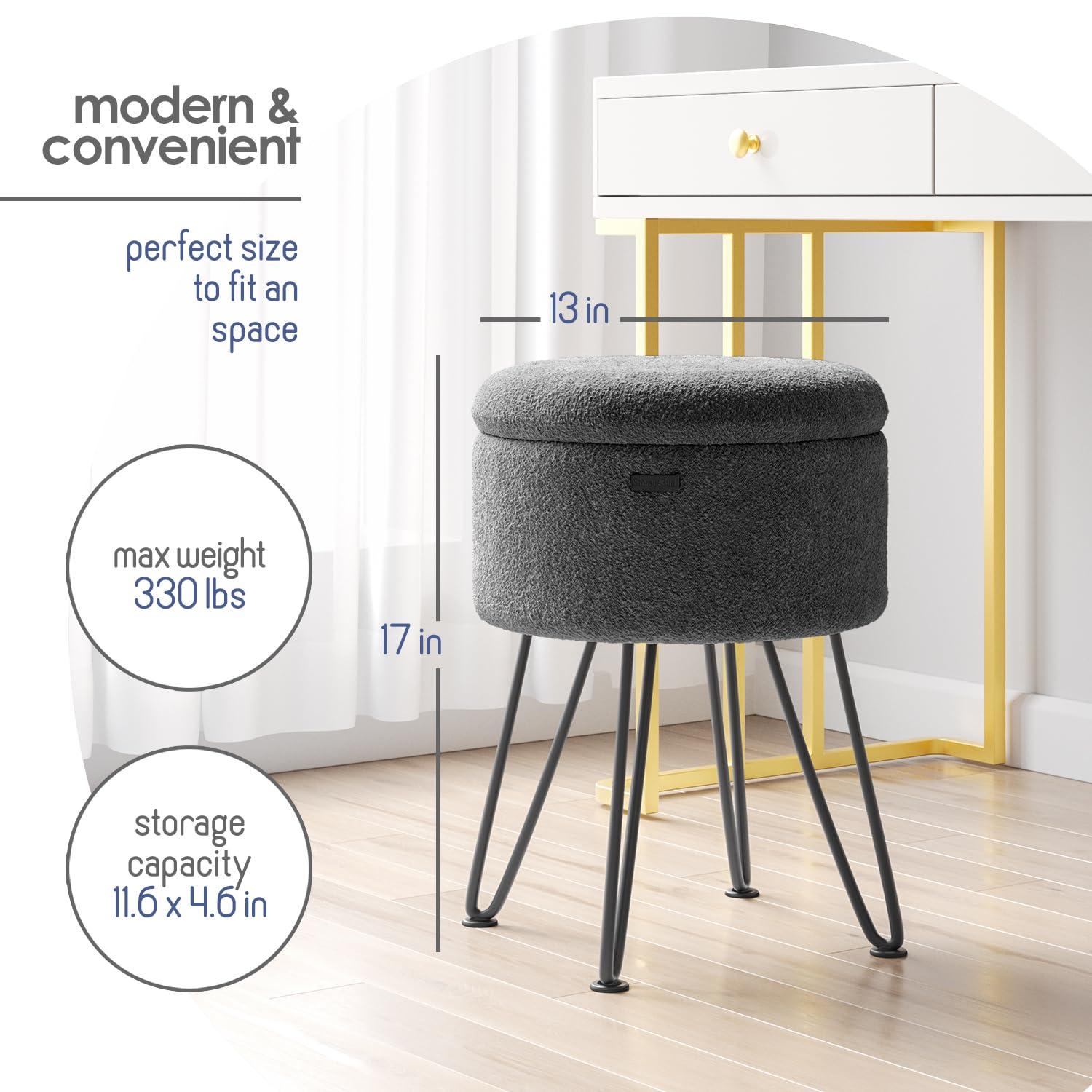 StorageBud Round Ottoman with Storage, Boucle Storage Ottoman, Modern Foot Stool Ottoman for Living Room and Bedroom, Gray/Black Legs