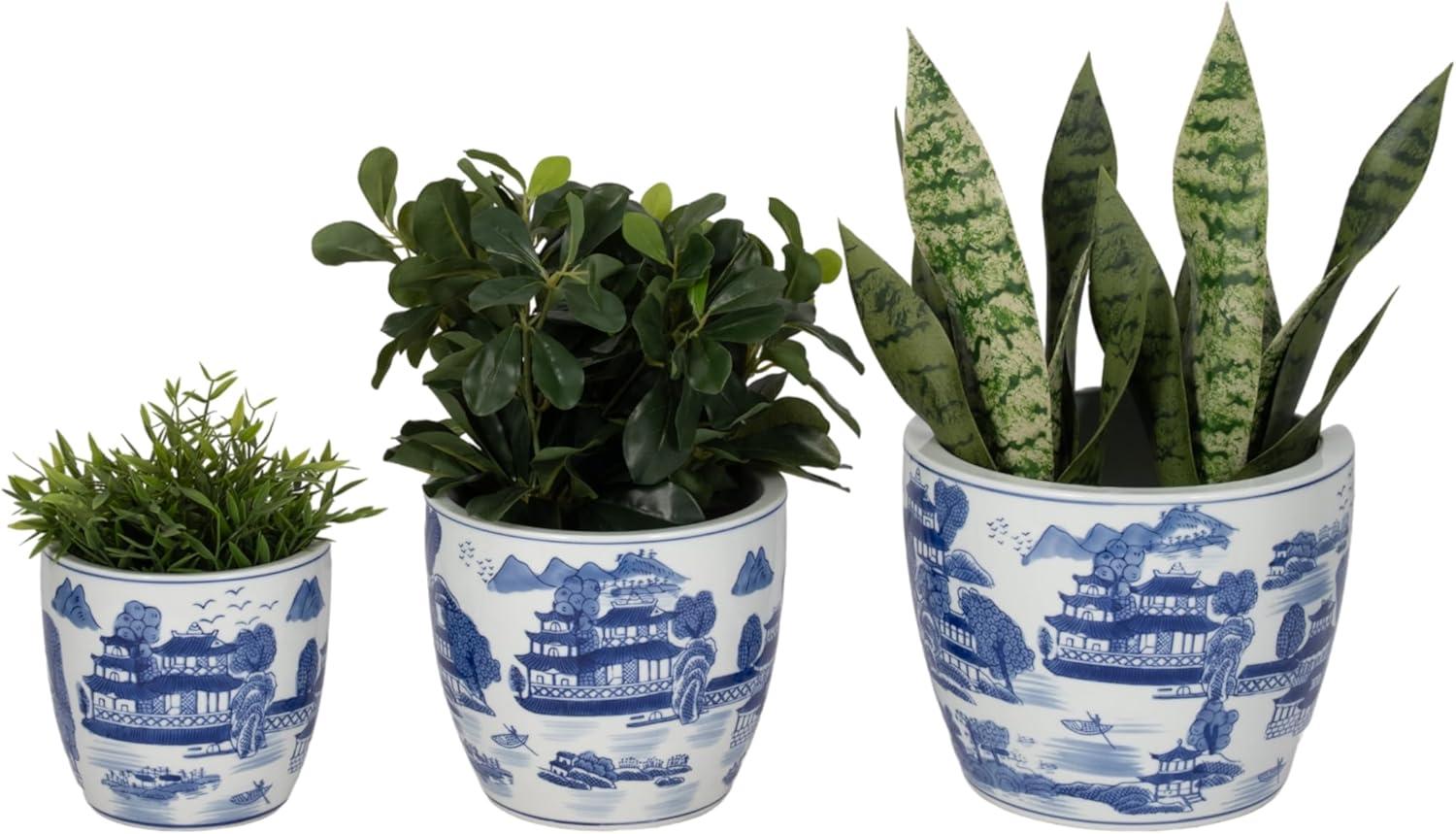 Sagebrook Home 3pc Chinoiserie Ceramic Indoor Outdoor Planter Pots Blue/White: Rust-Resistant, Hand-Painted, No Drainage Holes