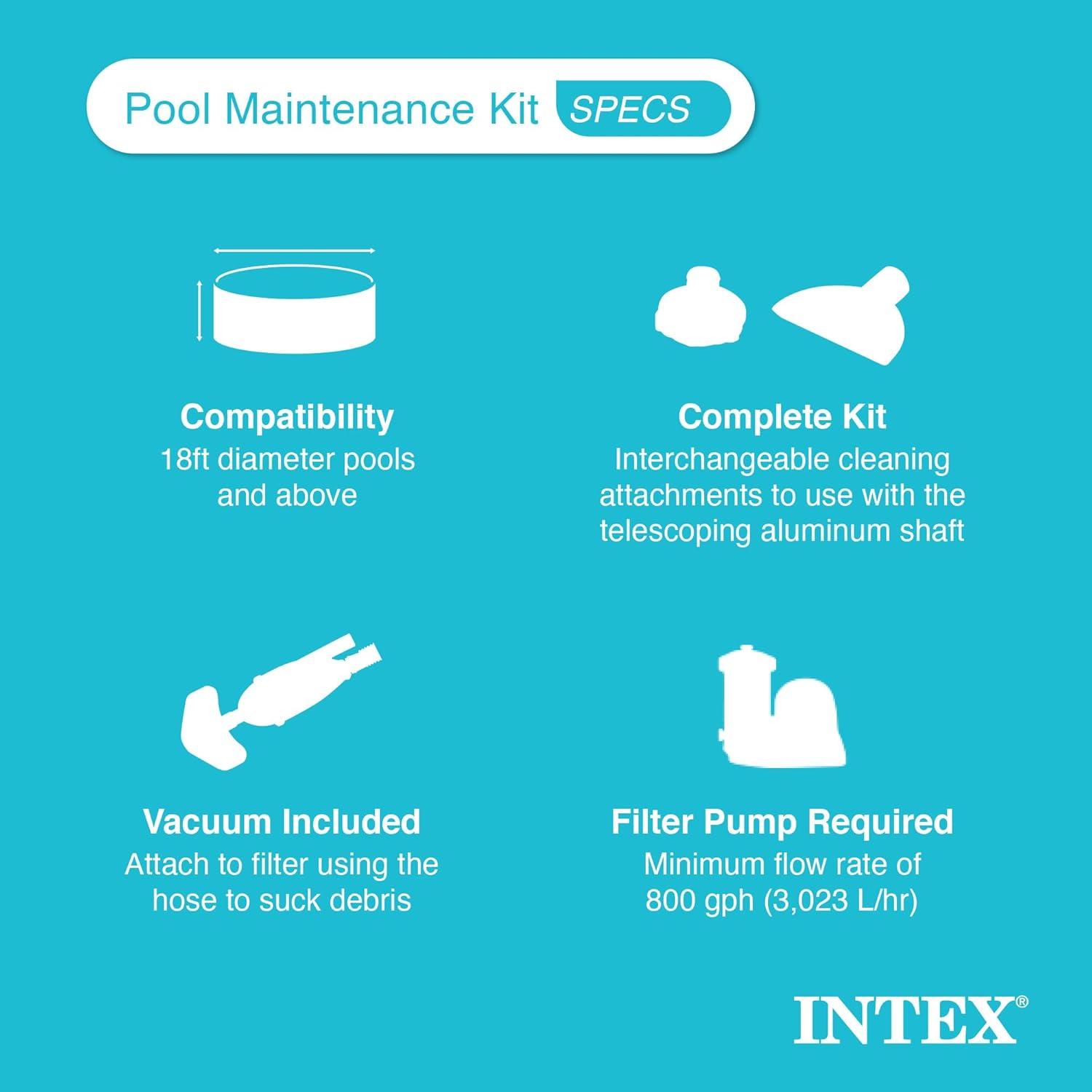 Intex Deluxe Automatic Surface Skimmer Bundled with Maintenance Kit w/ Vacuum & Pole, Swimming Pool Cleaning Tools for Above Ground and InGround Pools