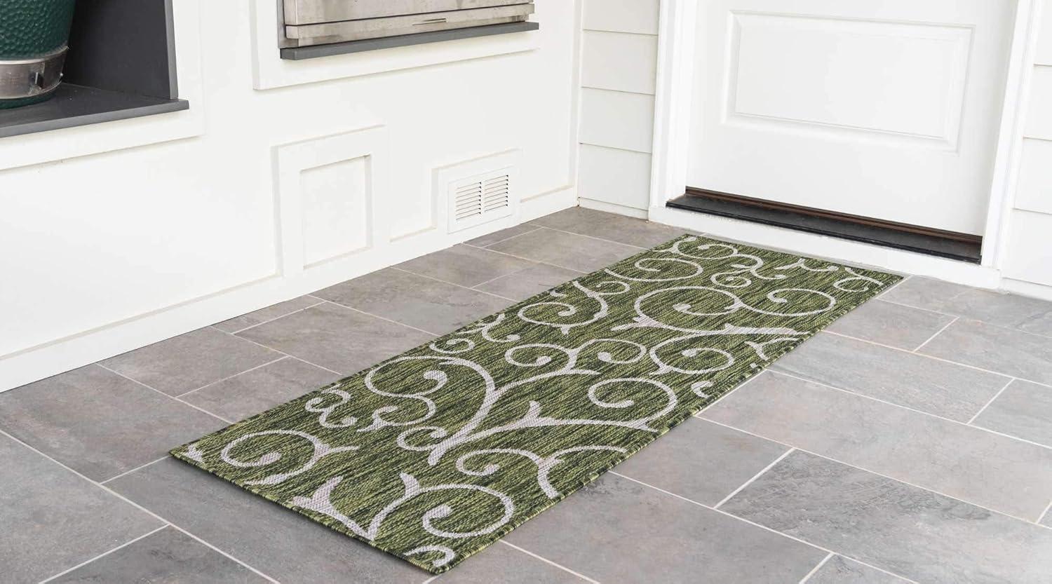 Green and Ivory Abstract Outdoor Runner Rug