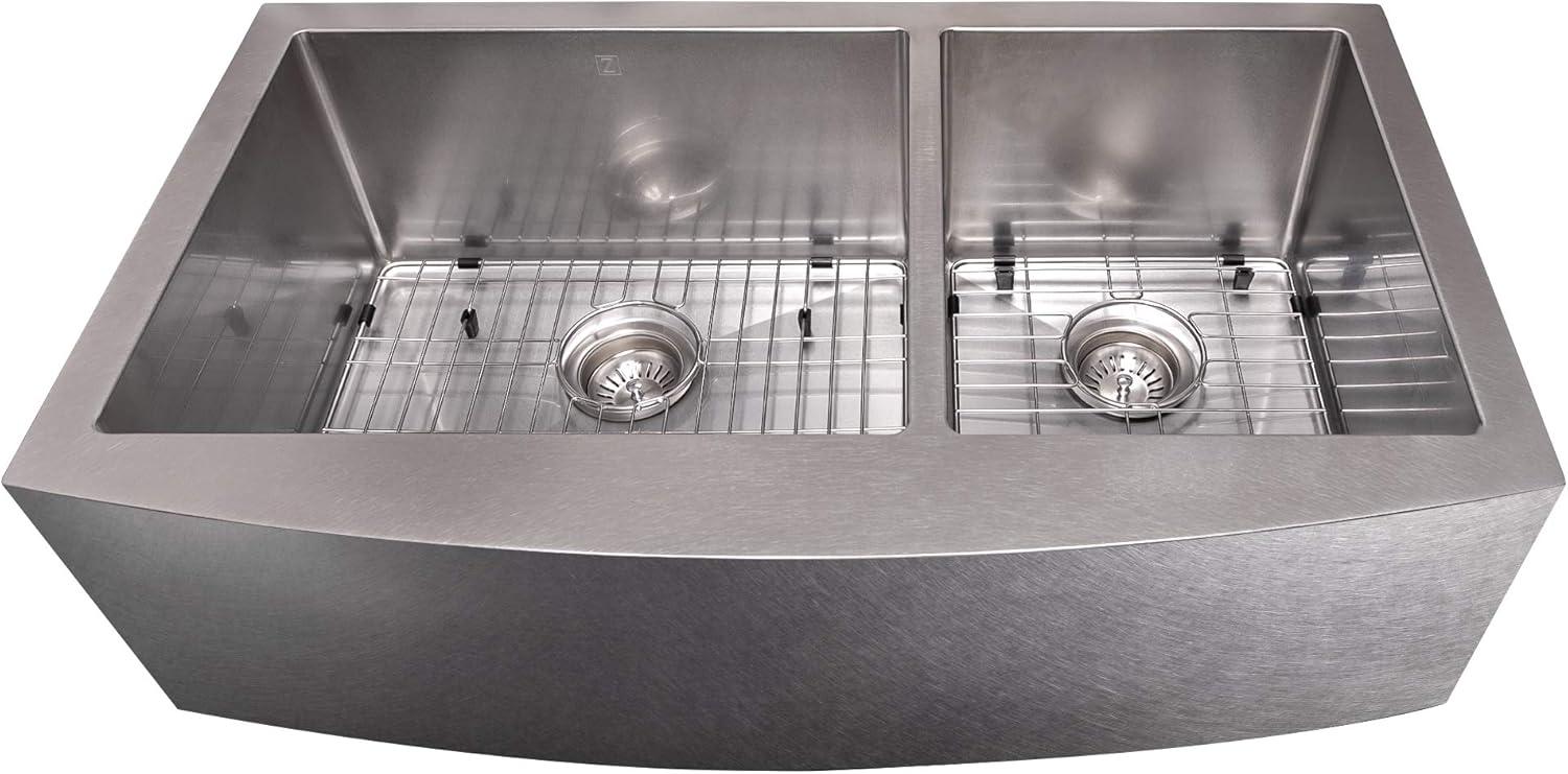 ZLINE 36 in. Courchevel Farmhouse Apron Mount Double Bowl DuraSnow Stainless Steel Kitchen Sink W/ Bottom Grid (SA60D-36S)