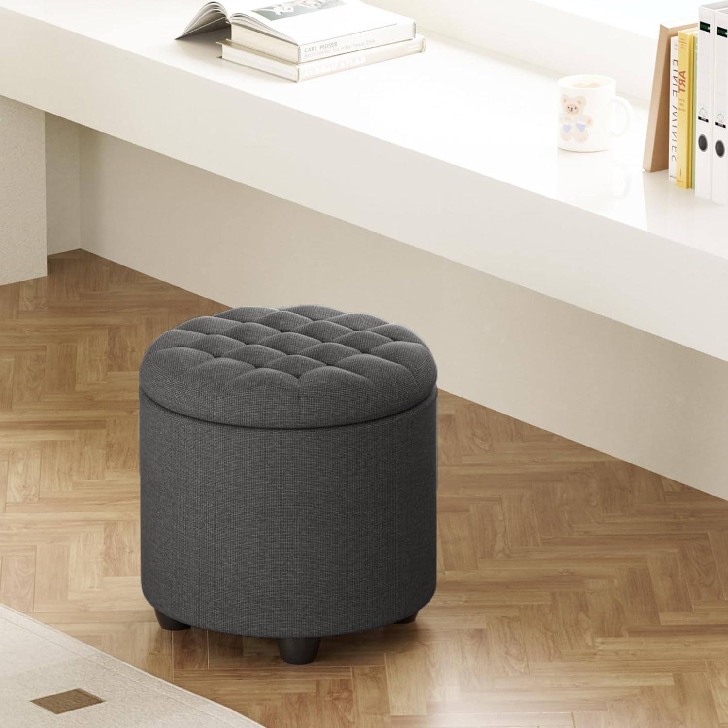 Furniliving Modern Upholstered Round Storage Ottoman Linen Footrest Stool Ottoman Bench, DarkGray