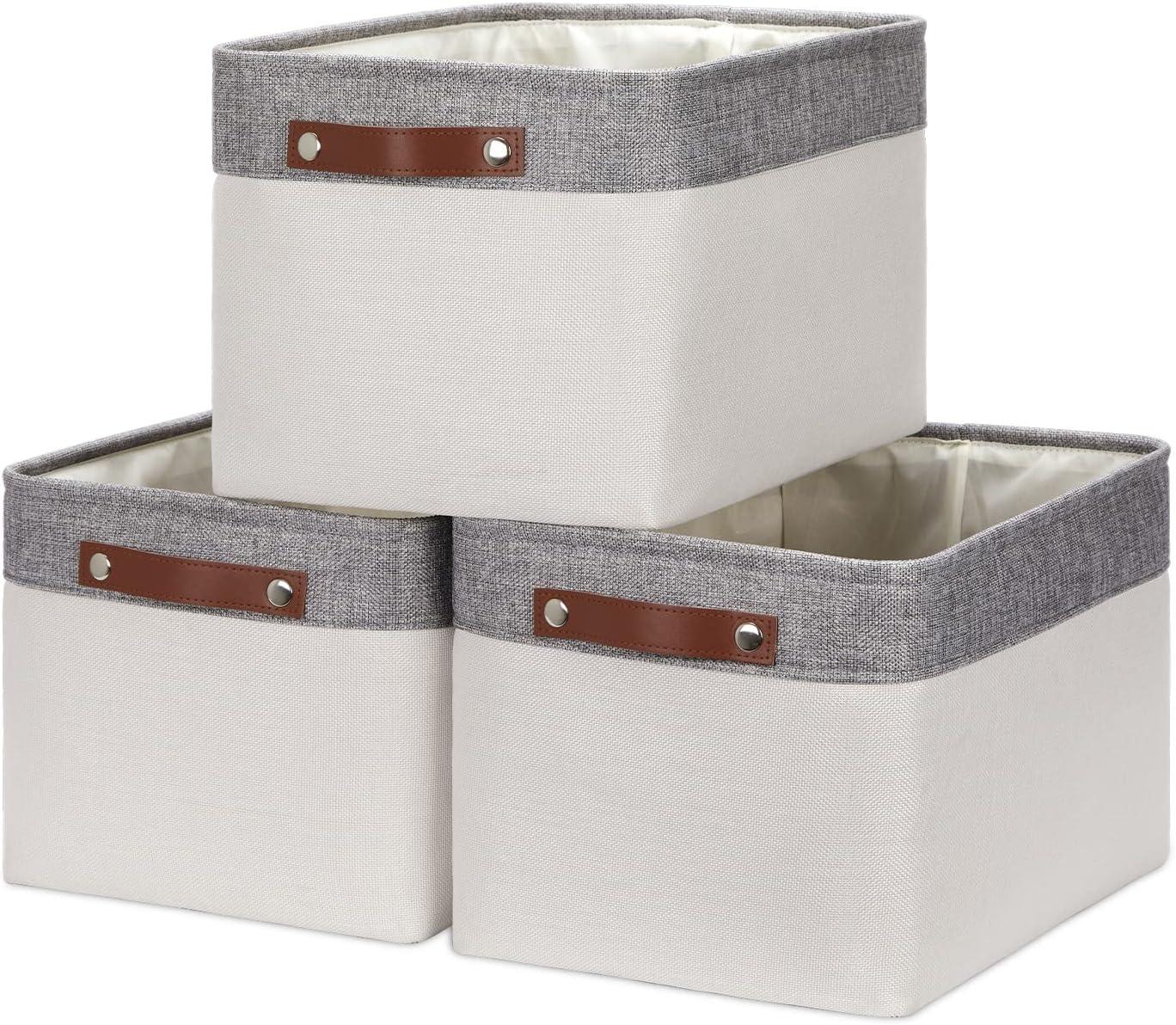 White and Gray Rectangular Fabric Storage Baskets with Faux Leather Handles, Set of 3