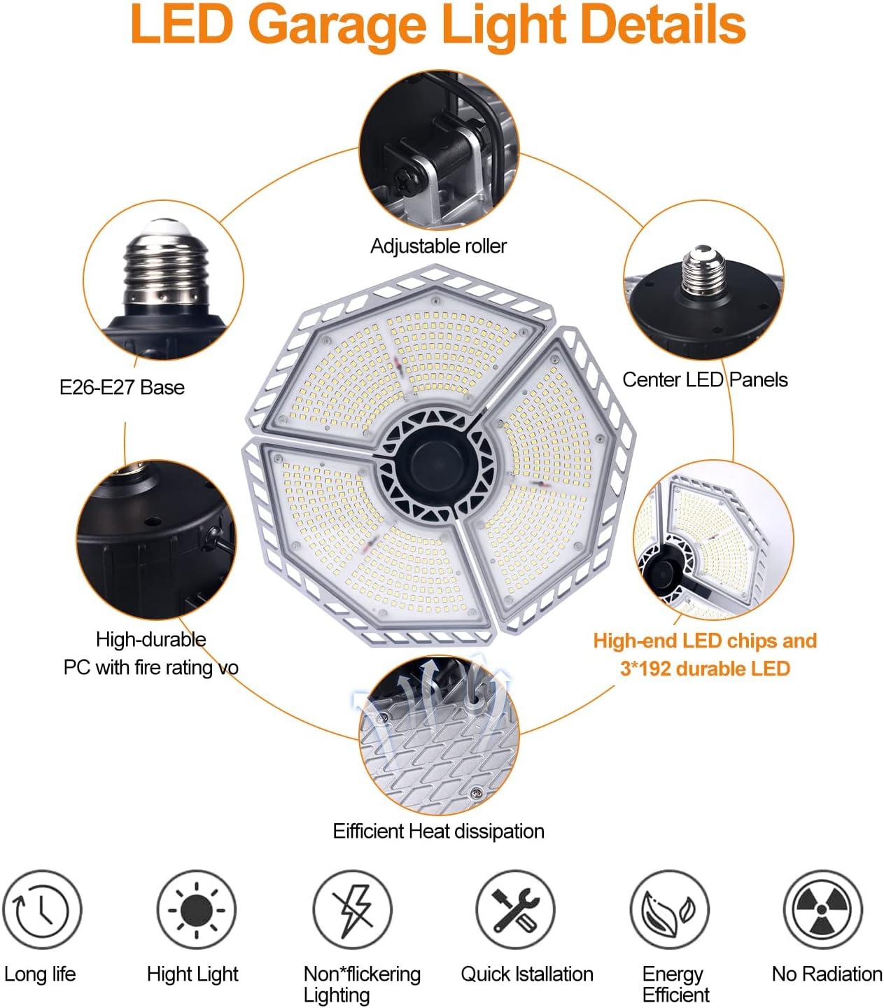 KERNOWO LED Garage Lights, 140W 18500 Lumens Garage Lighting, 6000K Daylight with Deformable Three Panel Ceiling Light Fixture E26/E27 Triple Glow LED Shop Light for Basement Workshop Warehouse