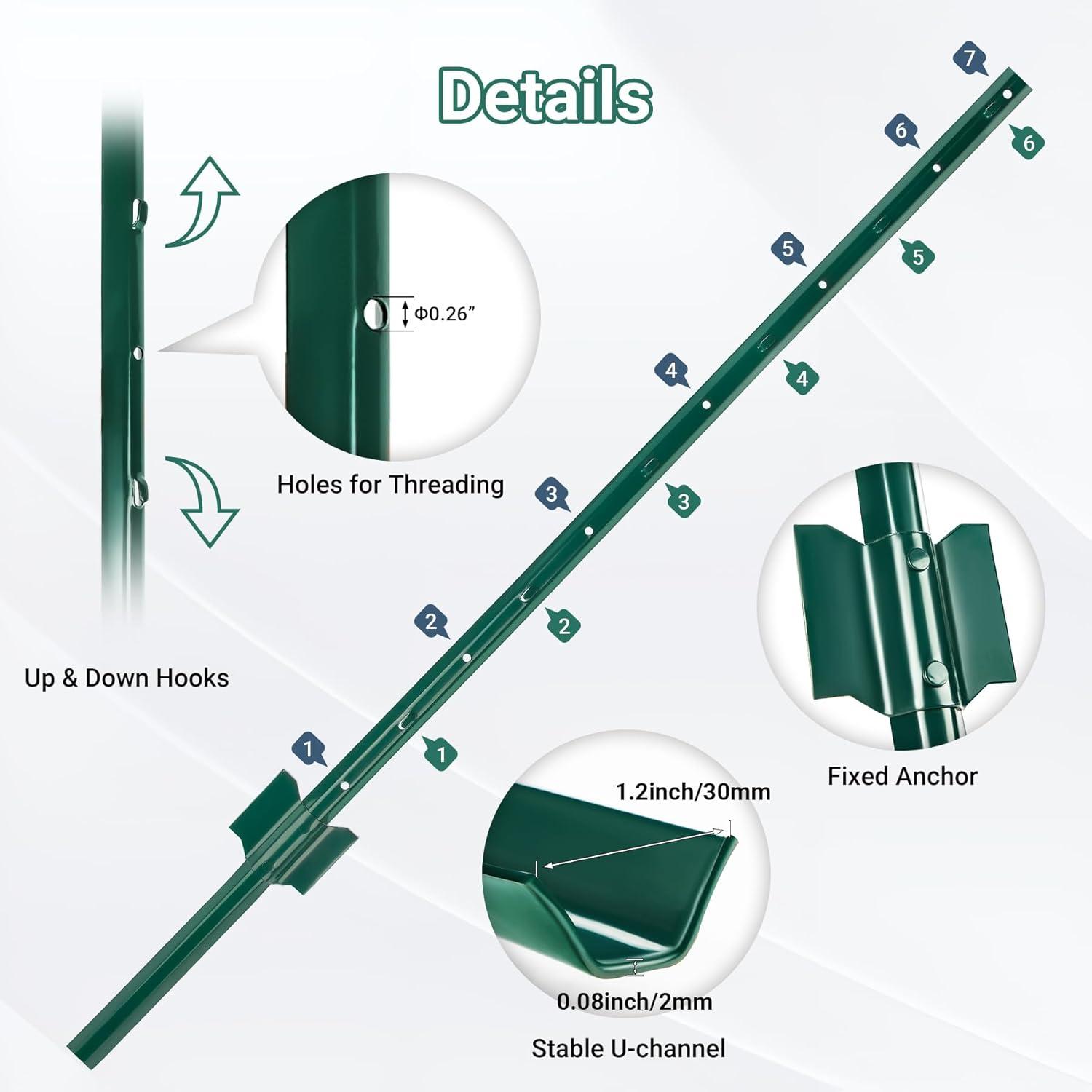 Fence Posts 4Feet - 10Pack, Heavy Duty Metal Fence Post with U-Channel, Steel Fence U-Post for Holding Garden Wire Fence, Corner Anchor Posts etc.