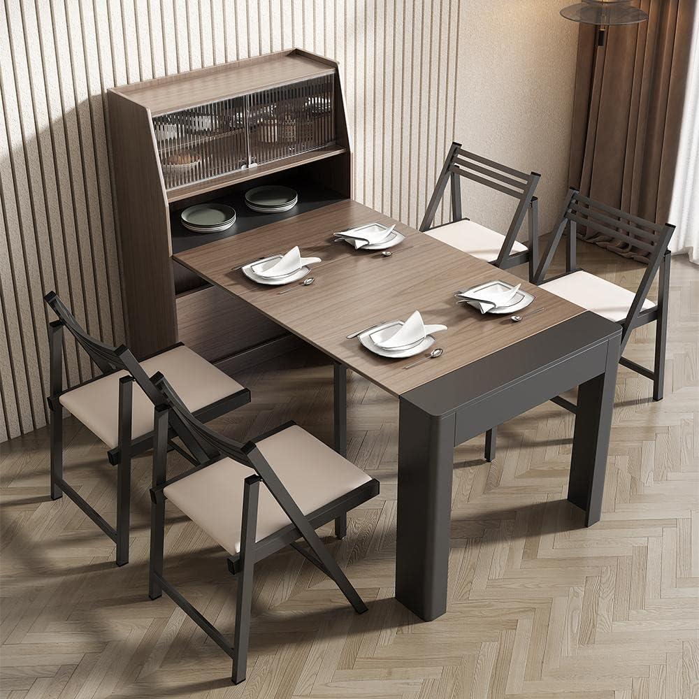 Modern Extendable Dining Table with Storage, Farmhouse Kitchen Table Rectangle Sideboard Glass Door (Walnut & Gray)