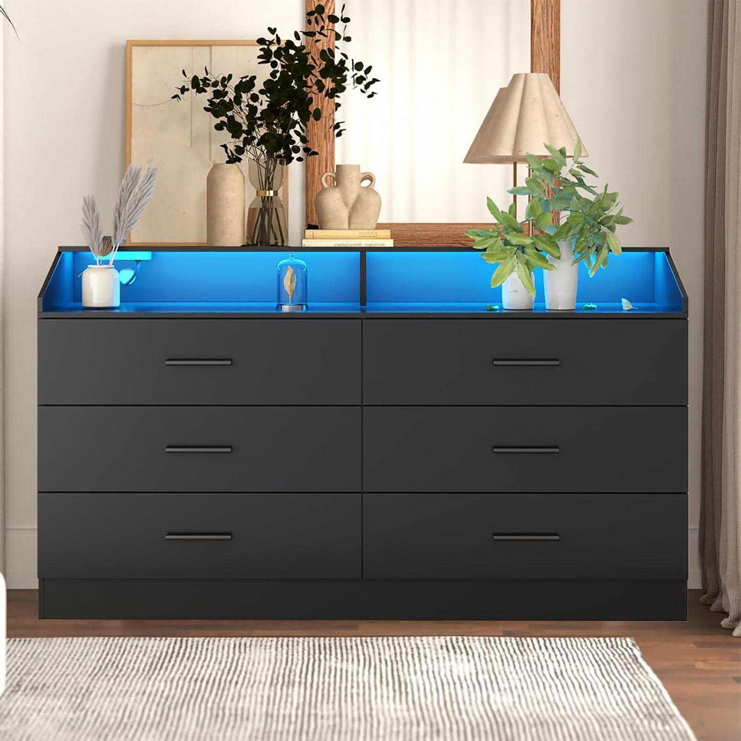 Gyfimoie 6 Drawers Dresser with Power Outlet, Chest of Drawers with LED Light, Modern Dresser with Open Storage Cubby, Double Wide Dresser Organizer for Bedroom, Living Room, Entryway, Hallway (Black)
