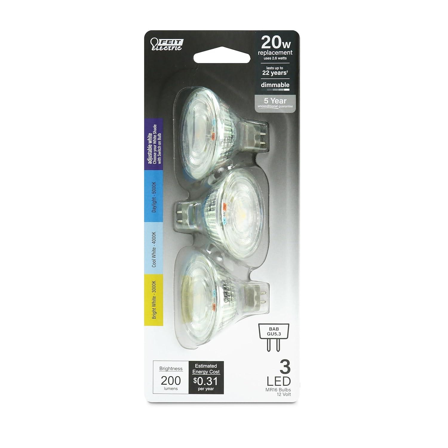 Feit Electric MR16 LED Reflector Light Bulb, 20W Equivalent, Dimmable, GU5.3 Base, 90+ CRI, 200 Lumen, Adjustable Color Temperature Track Lighting, 25,000-Hour Lifespan, BPBAB/3CCTCA/3/6, 18-Pack