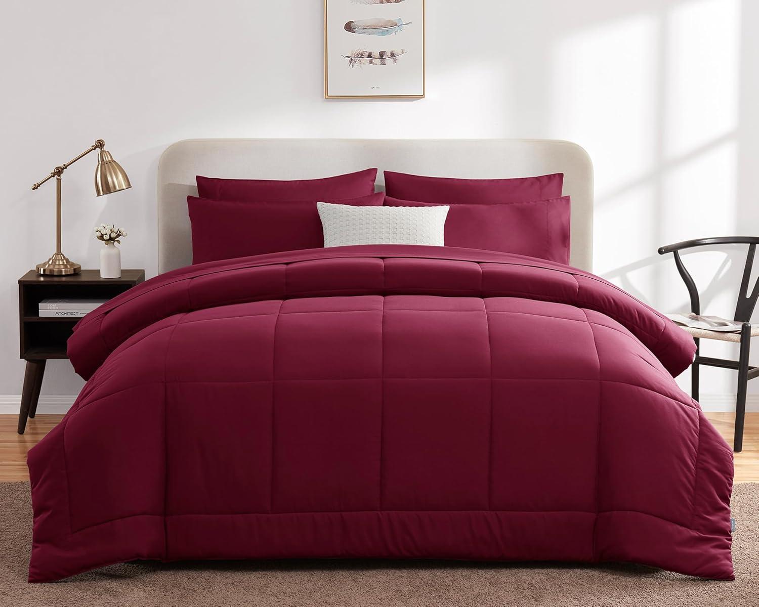 CozyLux Burgundy Comforter Set Queen 7 Pieces Red Comforter Set Queen Bedding Sets Maroon Wine with All Season Quilted Comforter, Flat Sheet, Fitted Sheet, Pillowcases