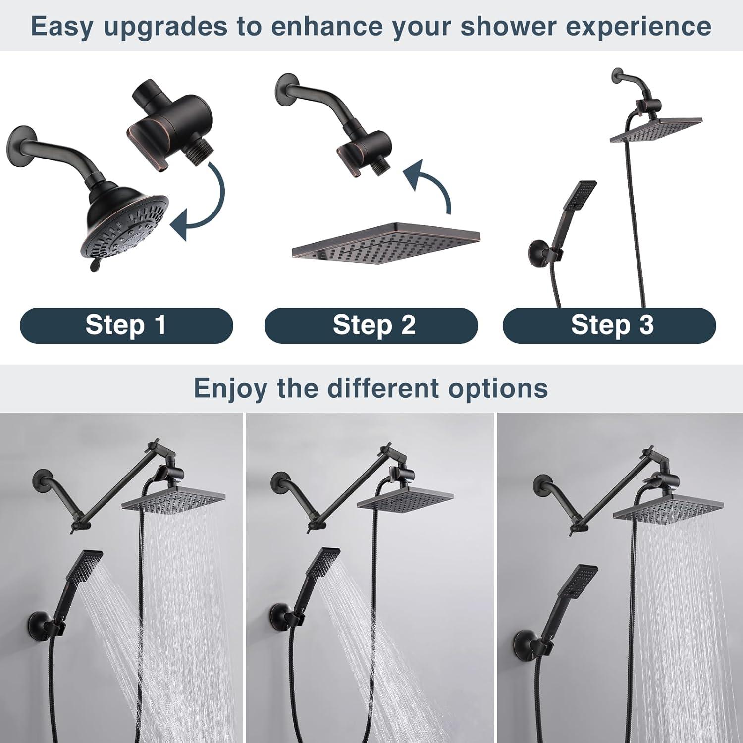 BRIGHT SHOWERS Rain Shower Head with Handheld Spray 5 ft. Shower Hose Combo Includes Wall Mount Suction Bracket 3-Way Water Diverter Mount (8 Inch Square, Oil Rubbed Bronze)