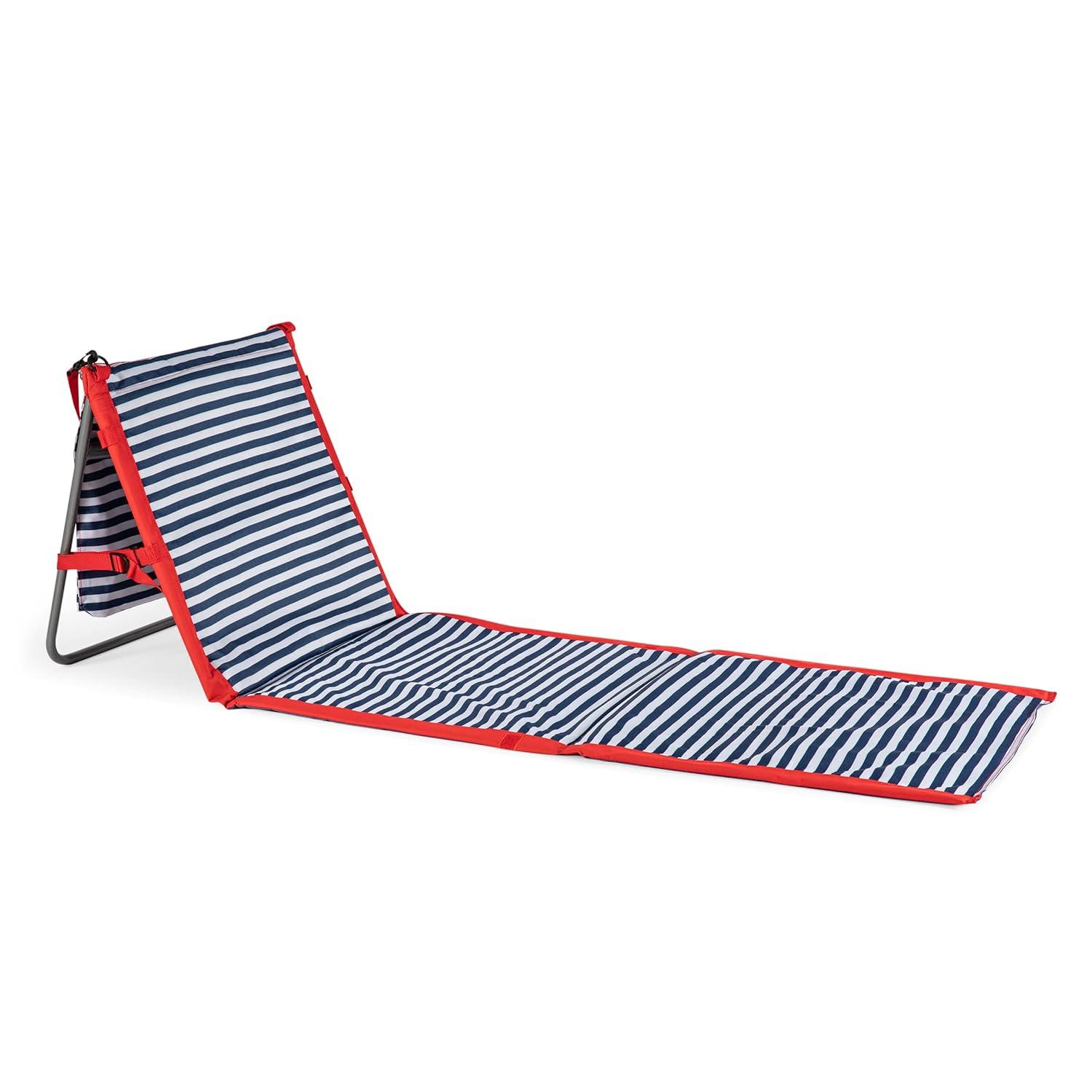 Blue Pinstripe Portable Folding Beach Lounger with Steel Frame