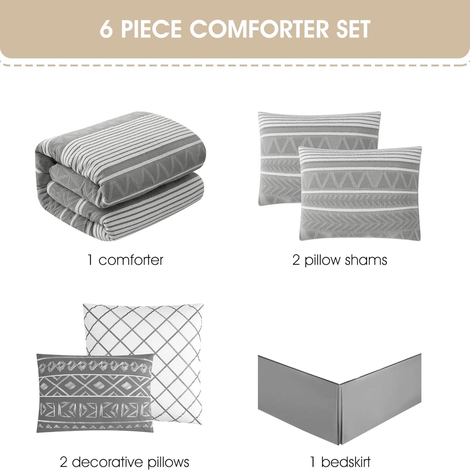Lanco 100% Cotton King Size Comforter Set, 6 Piece, Color Grey, Geometric Jacquard Bedding Set, Matching Bedskirt, Pillows & Shams