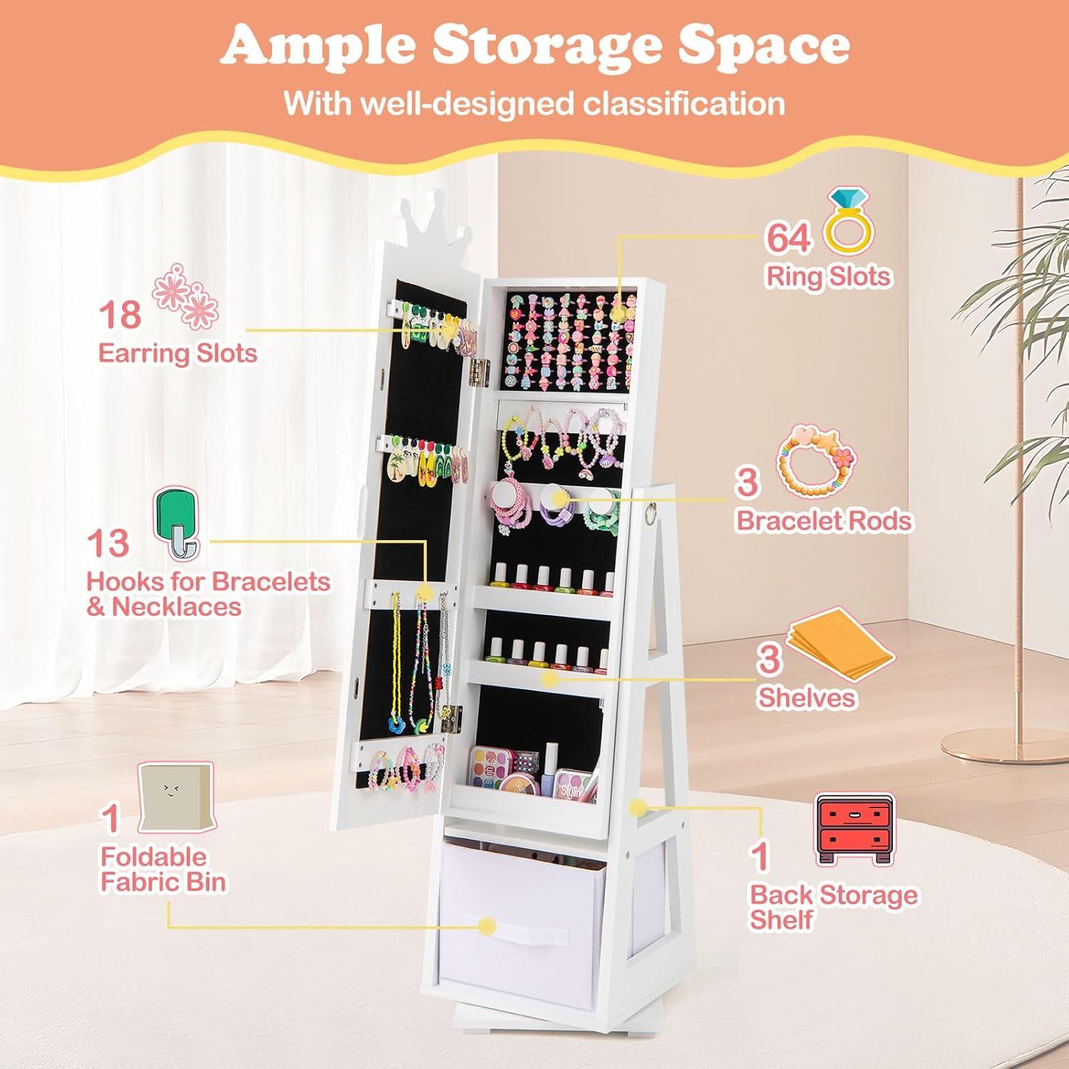 Tangkula Kids Jewelry Cabinet with Full-Length Mirror Drawer 2 Adjustable Tilt Angles White