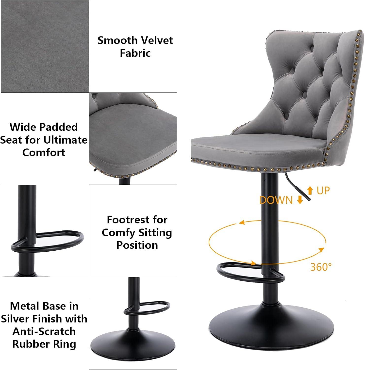 VYNXARIA Swivel Velvet Barstools Adjusatble Seat Height from 25-33 Inch,17.7 inch base, Modern Upholstered Bar Stools,Gray,Set of 2