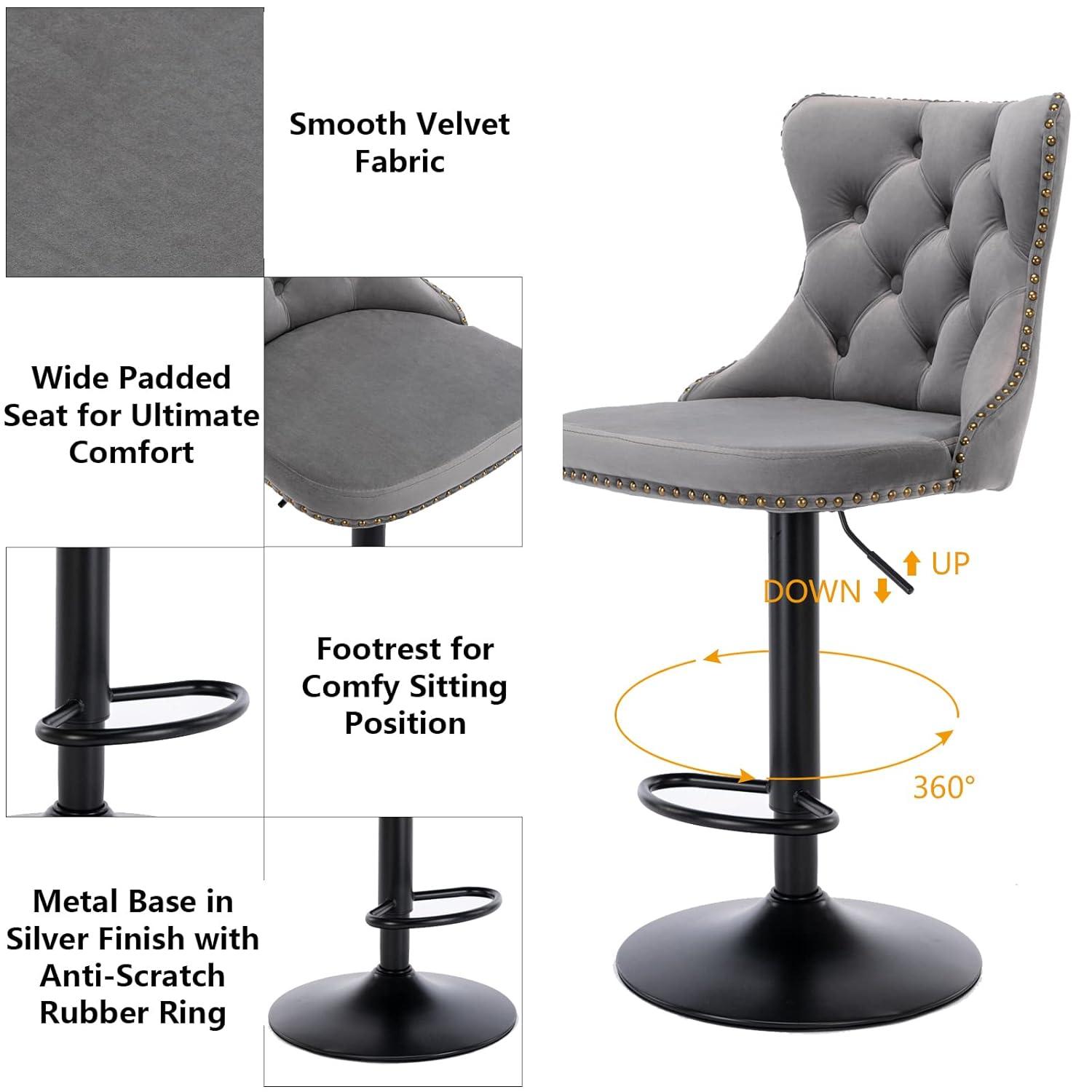 VYNXARIA Swivel Velvet Barstools Adjusatble Seat Height from 25-33 Inch,17.7 inch base, Modern Upholstered Bar Stools,Gray,Set of 2