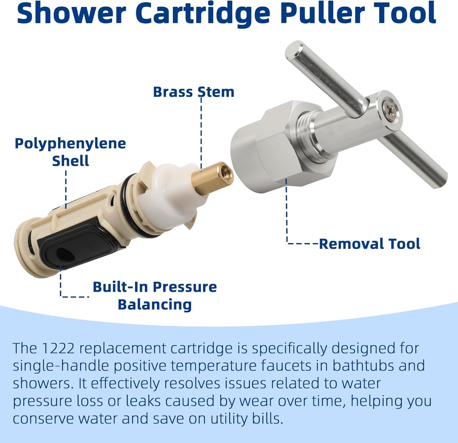 1222 Replacement Cartridge with Moen 104421 Cartridge Puller Removal Tool Retainer Clip Compatible with Moen One-Hanlde Posi Temp 1222B Shower Bathtub Faucet (1222 cartridge +104421 cartridge puller)