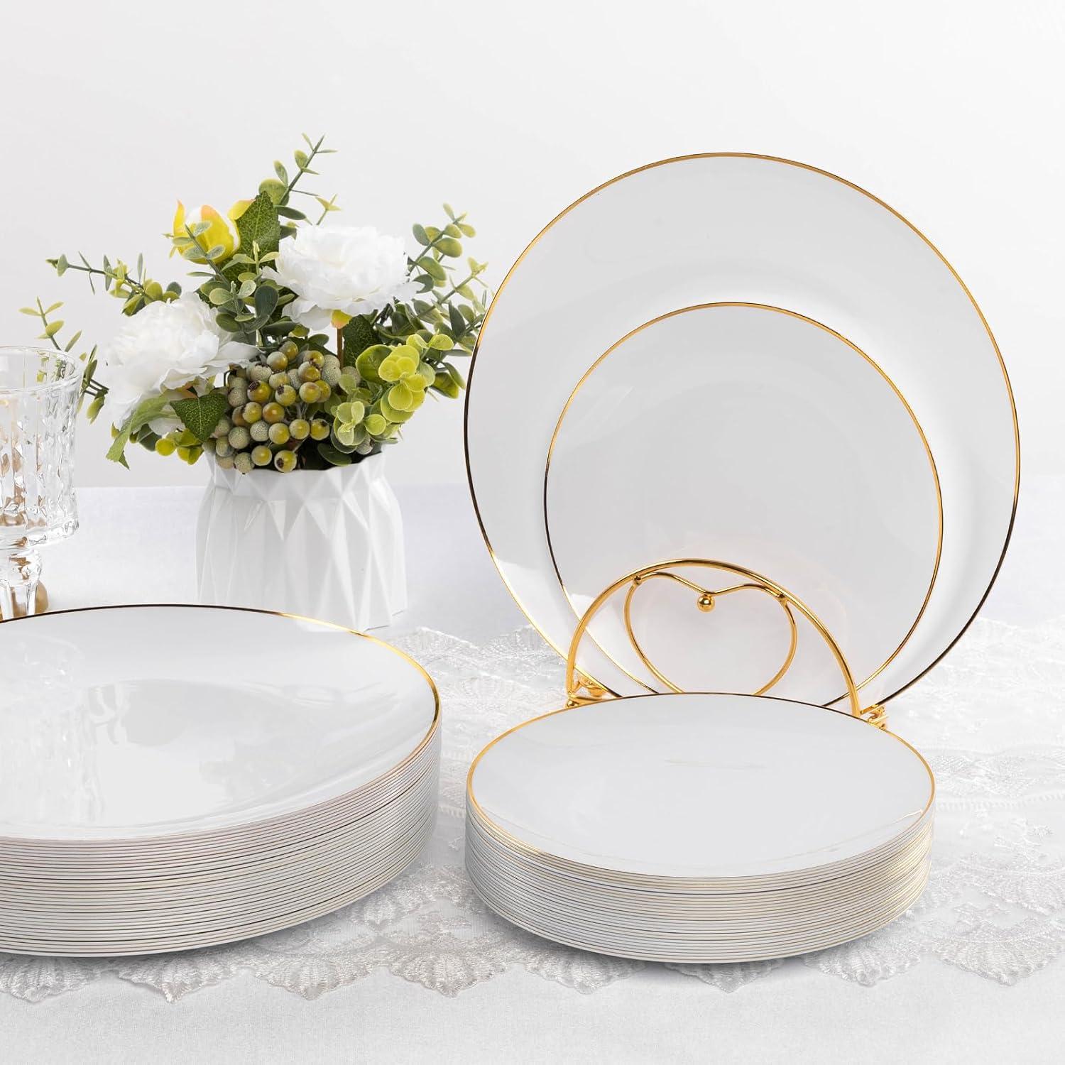 Elegant White and Gold 10.25" Plastic Dinner Plates Set