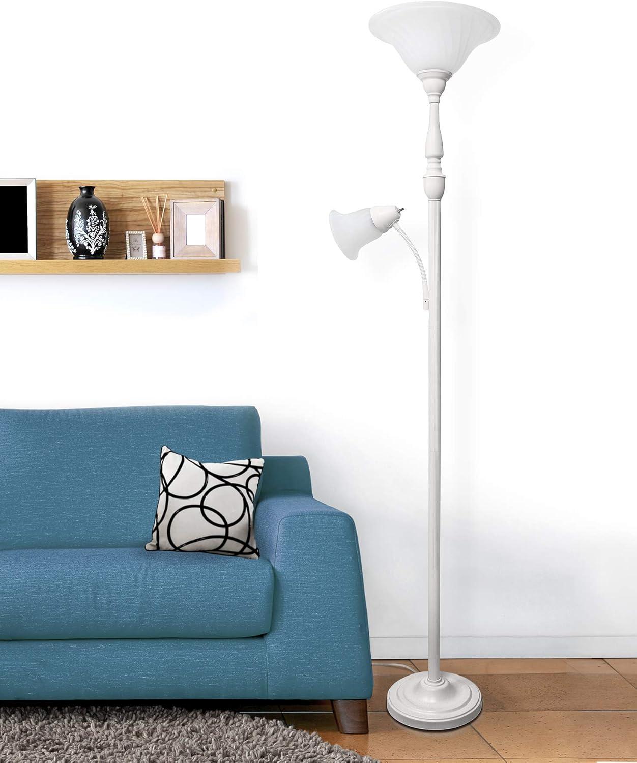 White Adjustable 3-Way Switch Floor Lamp with Marble Glass Shade