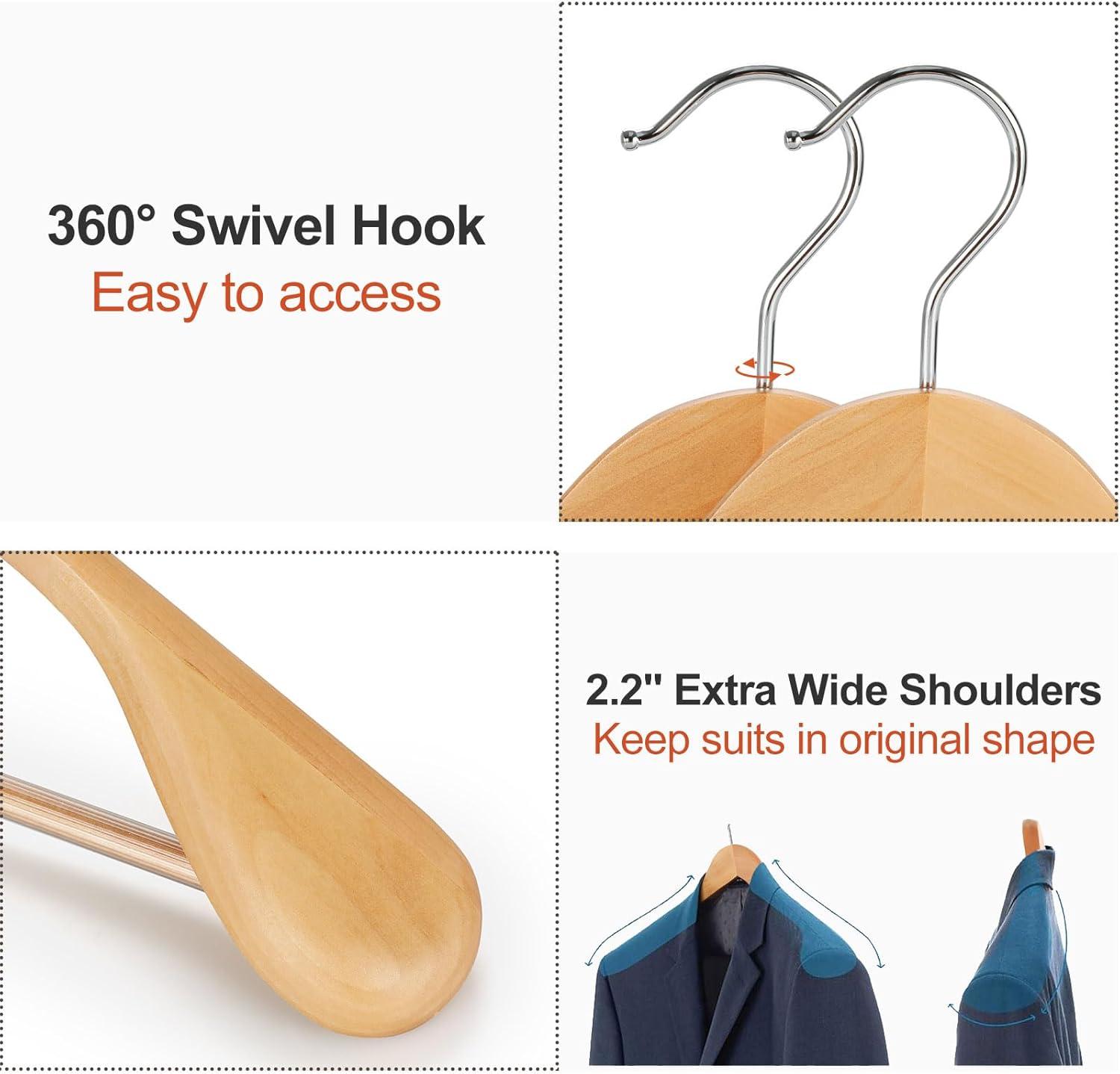 Natural Solid Wood Wide Shoulder Suit Hangers with Non-Slip Bar, 6 Pack