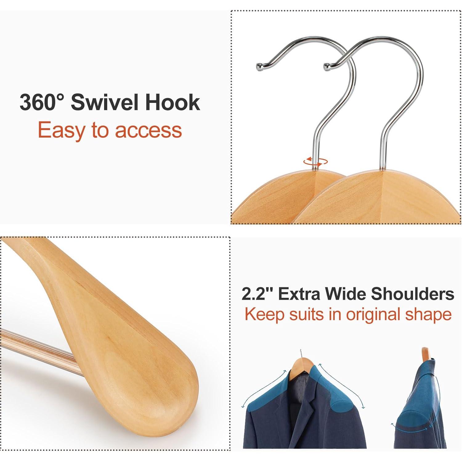 TOPIA HANGER Wide Shoulder Wooden Hangers, Suit Hangers with Non Slip Pants Bar & 360° Swivel Hook, Solid Wood Heavy Duty Coat Hanger, 6 Pack (Natural)-CT02NA