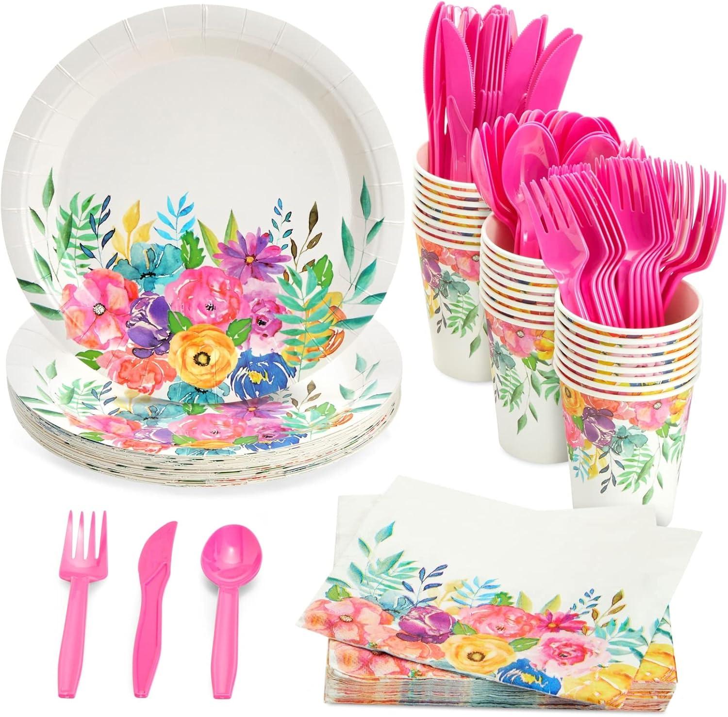 Juvale Juvale 144 Piece Flower Tea Party Supplies, Includes Disposable Floral Paper Plates, Napkins, Cups, Cutlery