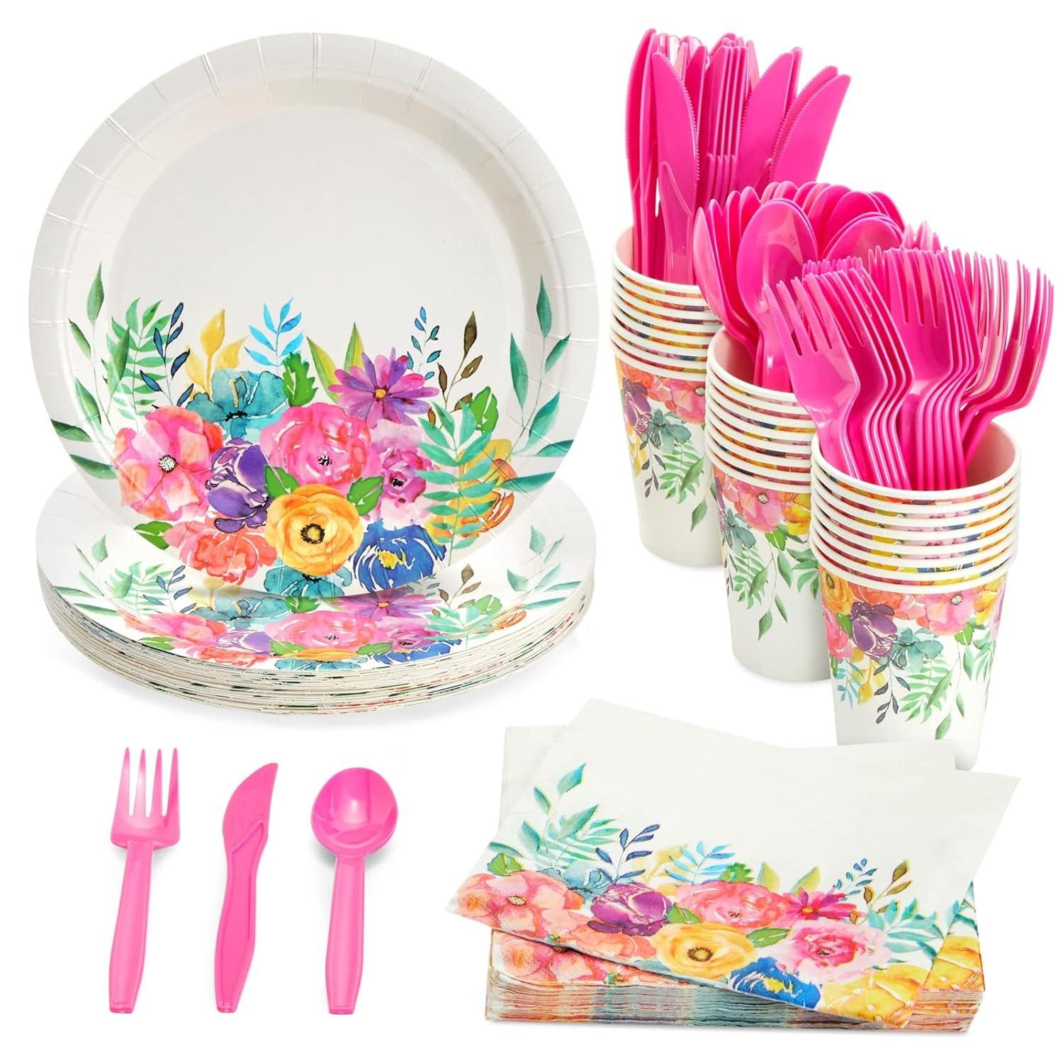 Juvale Juvale 144 Piece Flower Tea Party Supplies, Includes Disposable Floral Paper Plates, Napkins, Cups, Cutlery