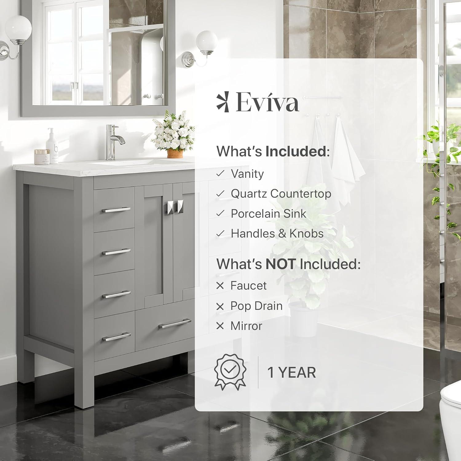 Eviva Hampton 36" Gray Transitional Bathroom Vanity w/ White Carrara Top