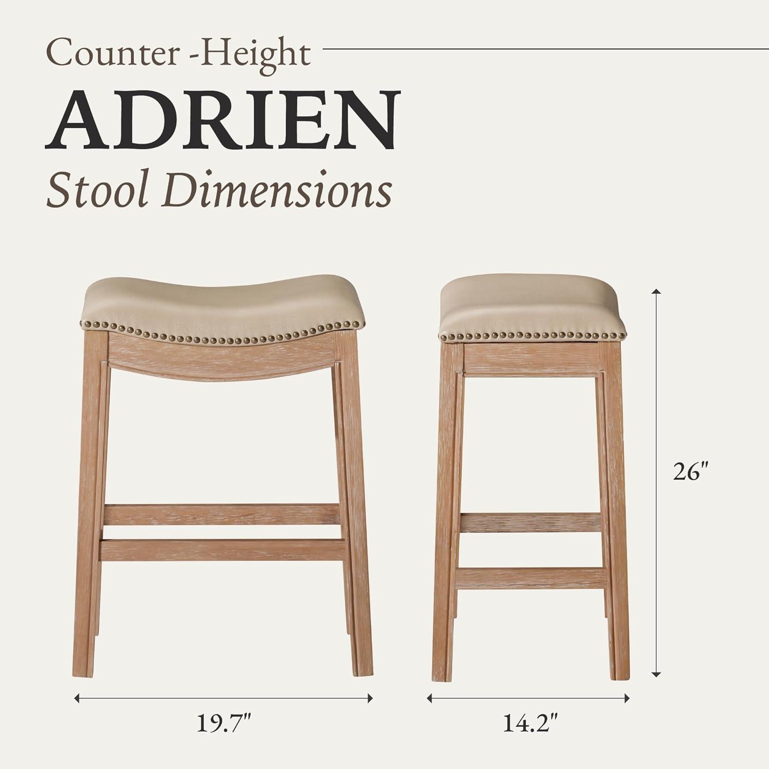 Maven Lane Adrien Saddle Kitchen Counter Stool in Weathered Oak w/ Avanti Bone Vegan Leather