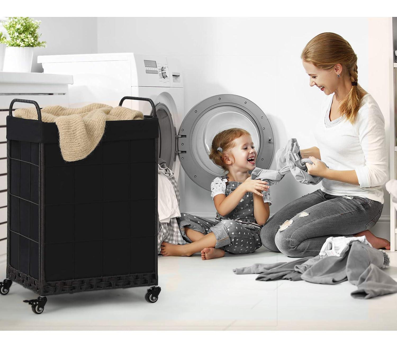 Laundry Hamper with Heavy Duty Rolling Lockable Wheels; Durable Laundry Basket with Detachable Liner Bag; Collapsible Clothes Hamper with Metal Handle (Black)