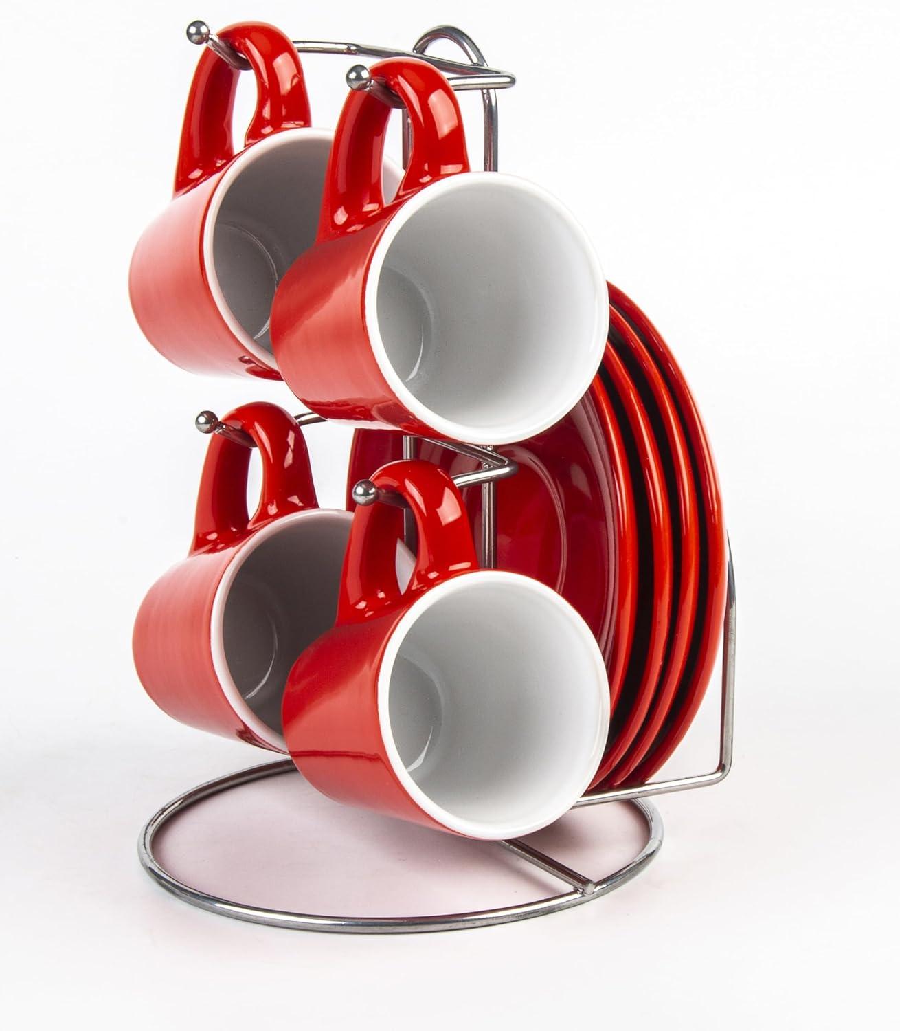 Bene Casa 9-Piece Red Espresso Demitasse Cup and Saucer Set with Stand