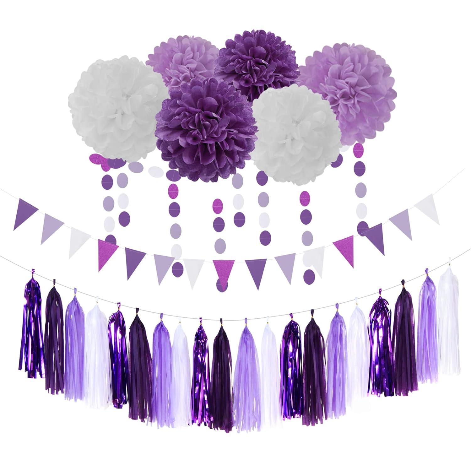 Purple White Lavender Party-Decorations Streamers - 28pcs Tissue Pom Poms,Women Girl Birthday Supplies Tassel Garland Banner,Baby Bridal Shower Wedding Engagement Bachelorette Graduation Decor Lasting Surprise