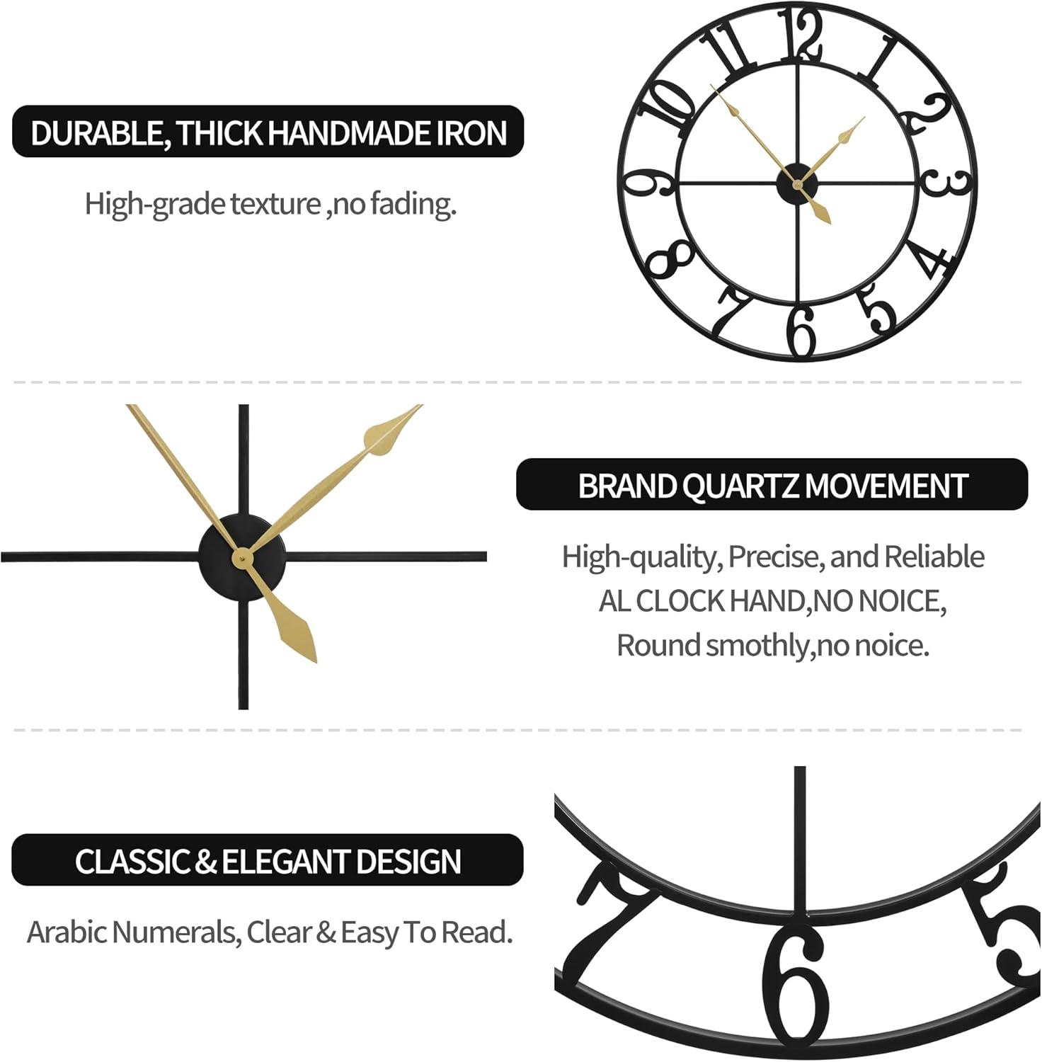 Large Vintage Round Metal Wall Clock Silent Non Ticking Battery Operated Black Roman Numerals Clocks For Living Room Bedroom Kitchen Decoration