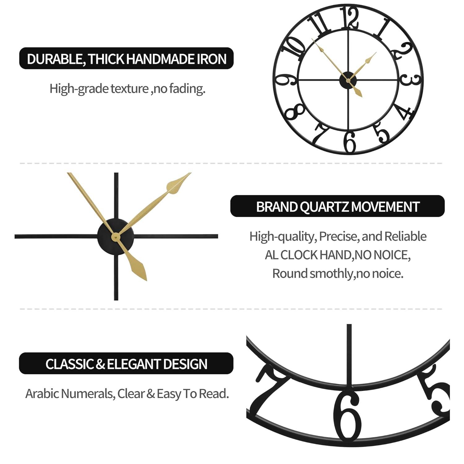 Large Vintage Round Metal Wall Clock Silent Non Ticking Battery Operated Black Roman Numerals Clocks For Living Room Bedroom Kitchen Decoration