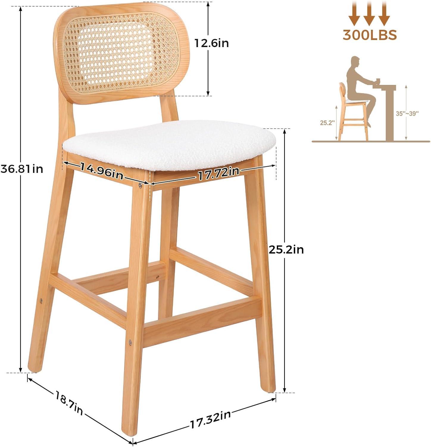 Lucky Monet 25.2" Upholstered Wood Counter Height Bar Stools w/ Rattan Back - 36.81"H x 17.72"W x 18.7"D Set of 3 - White Boucle Fabric/ Natural Frame
