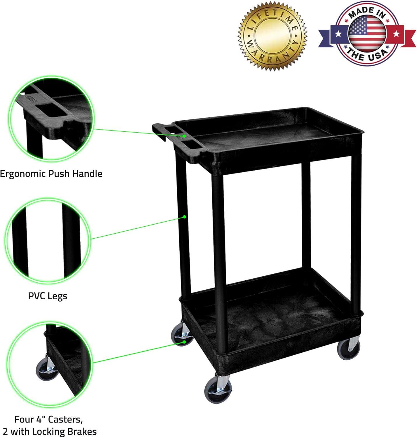 Black HDPE 2-Shelf Utility Cart with 4" Wheels