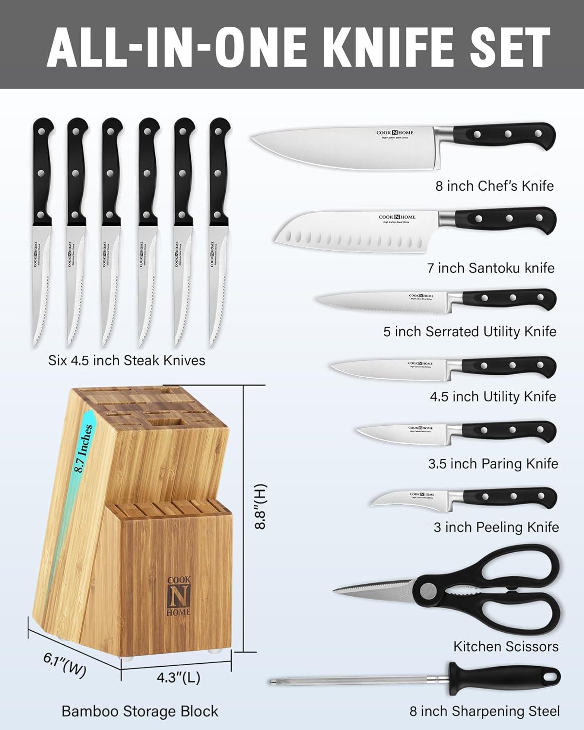 Cook N Home Kitchen Knife Set with Bamboo Storage Block 15-Piece, High Carbon Stainless Steel Blade, Black