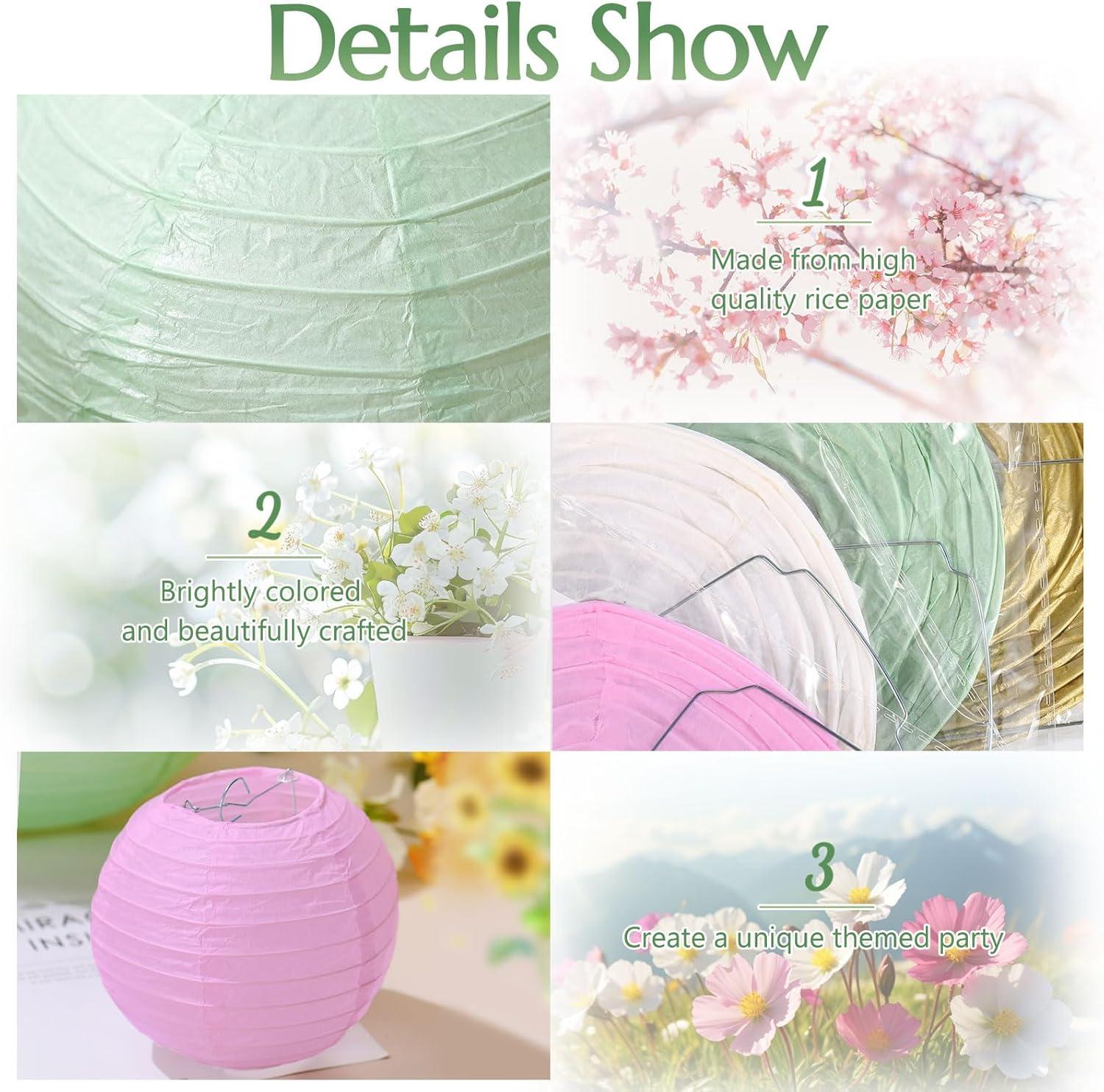 Riakrum 16 Pcs Sage Green Gold Pink Paper Lanterns Party Decorations Mixed Size 6'' 8'' 10'' 12'' Chinese Hanging Round Lanterns for Baby Shower Birthday Wedding Home Decorations Supplies