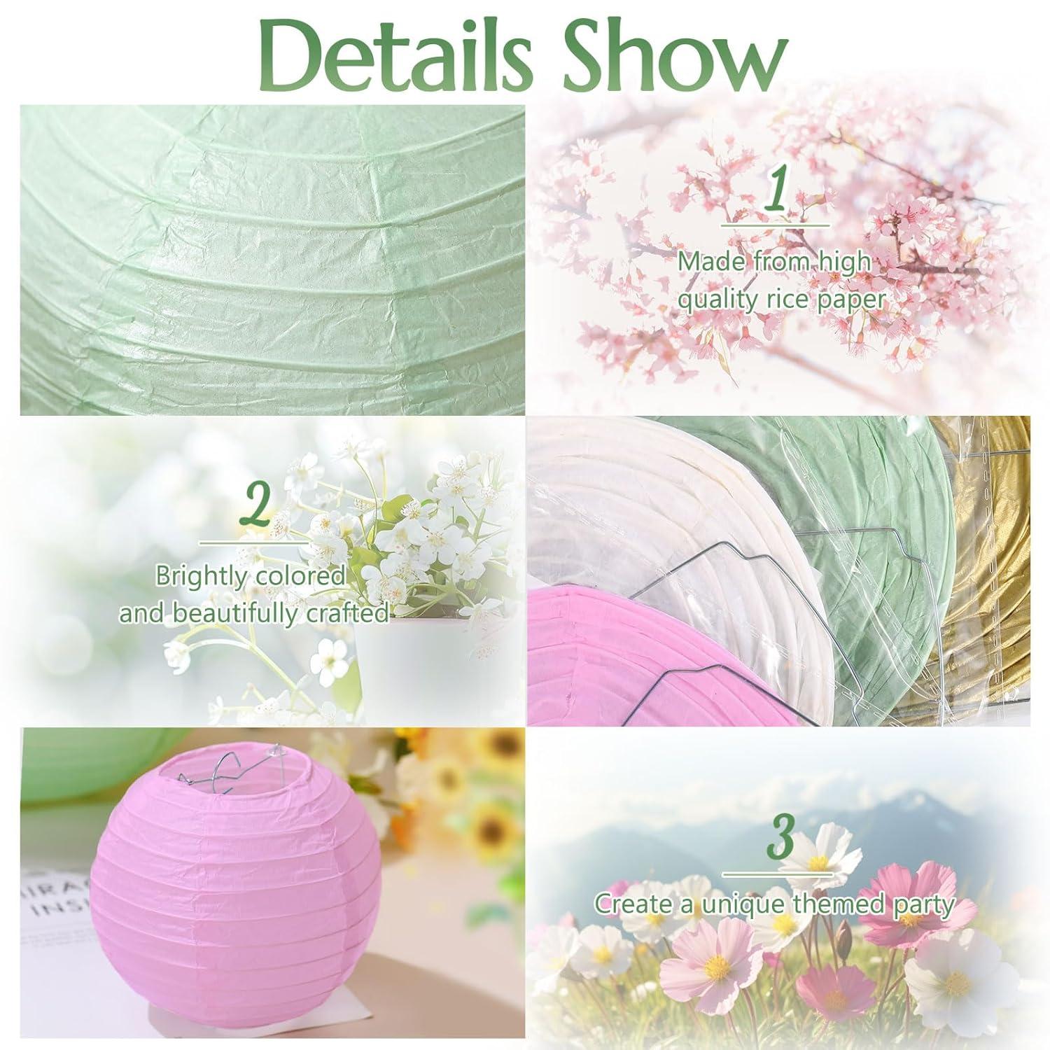Riakrum 16 Pcs Sage Green Gold Pink Paper Lanterns Party Decorations Mixed Size 6'' 8'' 10'' 12'' Chinese Hanging Round Lanterns for Baby Shower Birthday Wedding Home Decorations Supplies