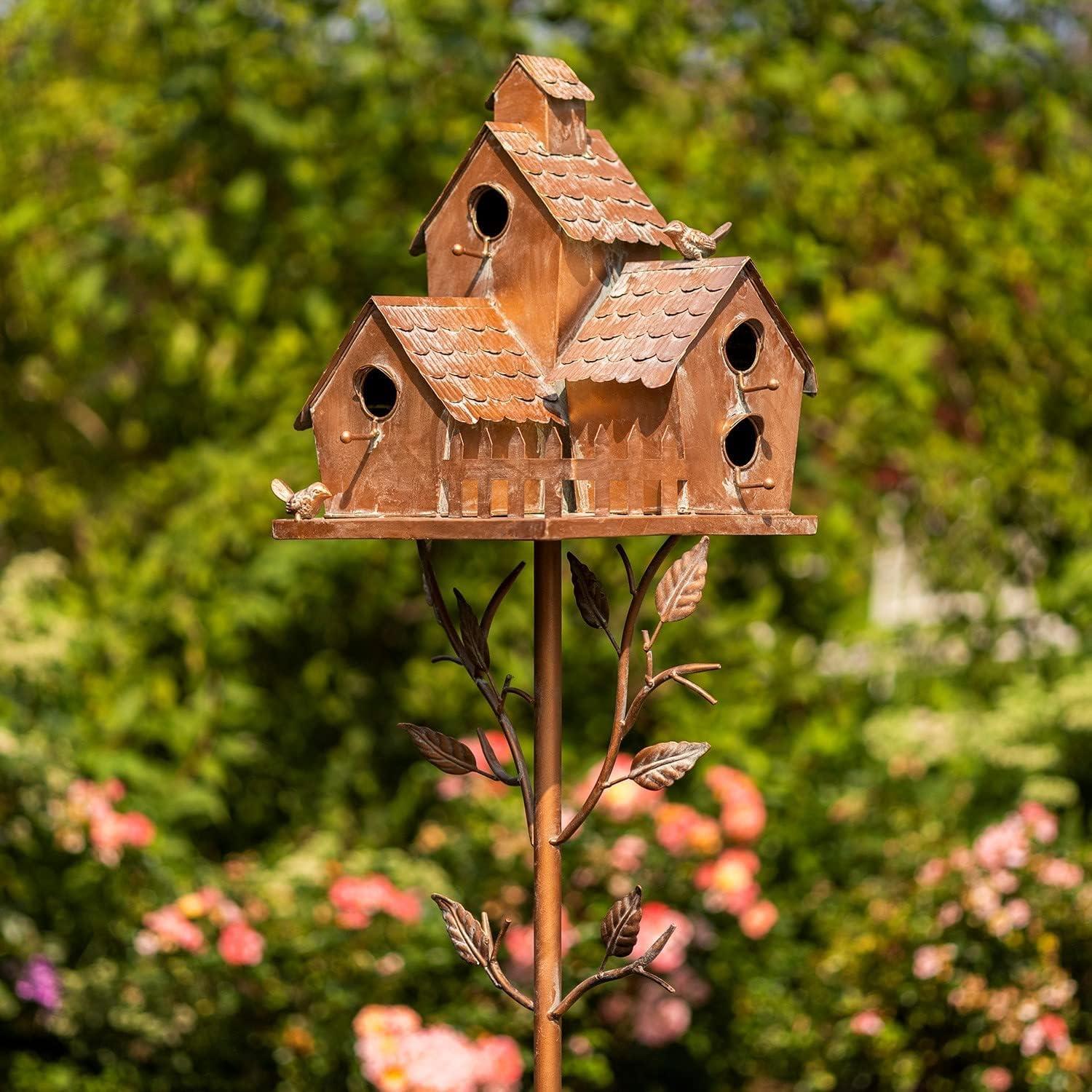 Large Copper Colored Multi-Birdhouse Stakes, Room for 4 Bird Families in Each (Castle Home)