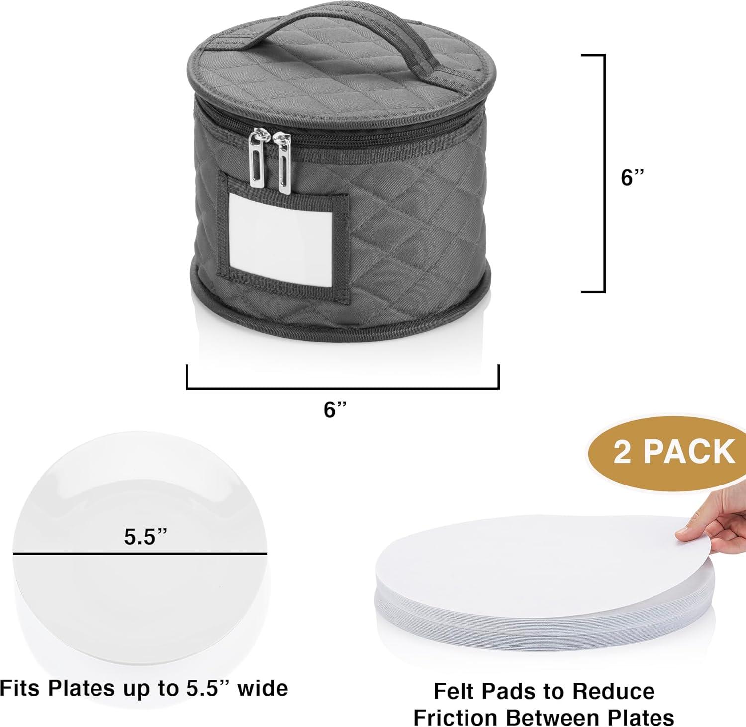 Gray Quilted 6" Plate Storage Case with Felt Dividers