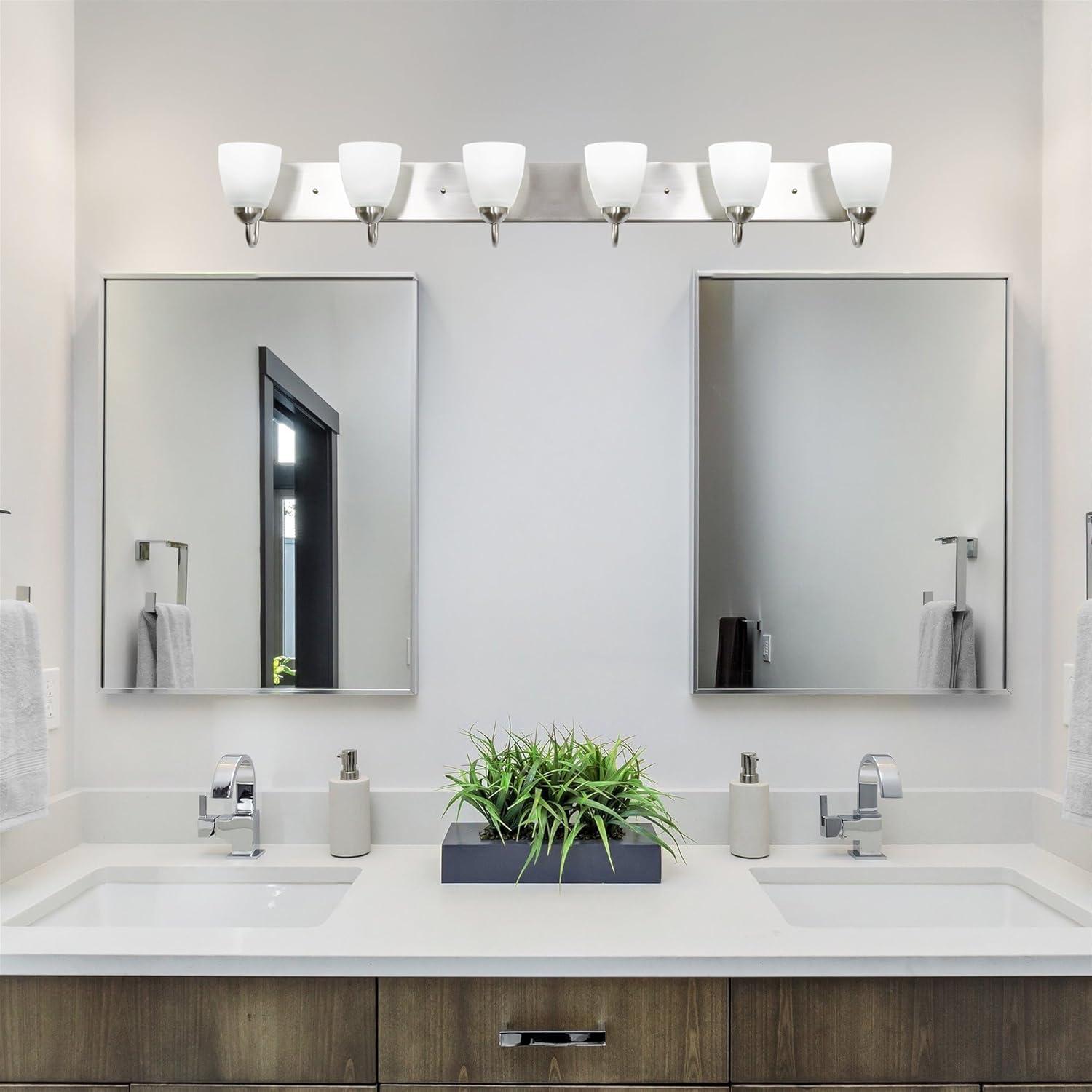 Kira Home Armada 37" 5-Light Over Mirror / Bathroom Light, Frosted Glass Shades, Curved Arms, Brushed Nickel