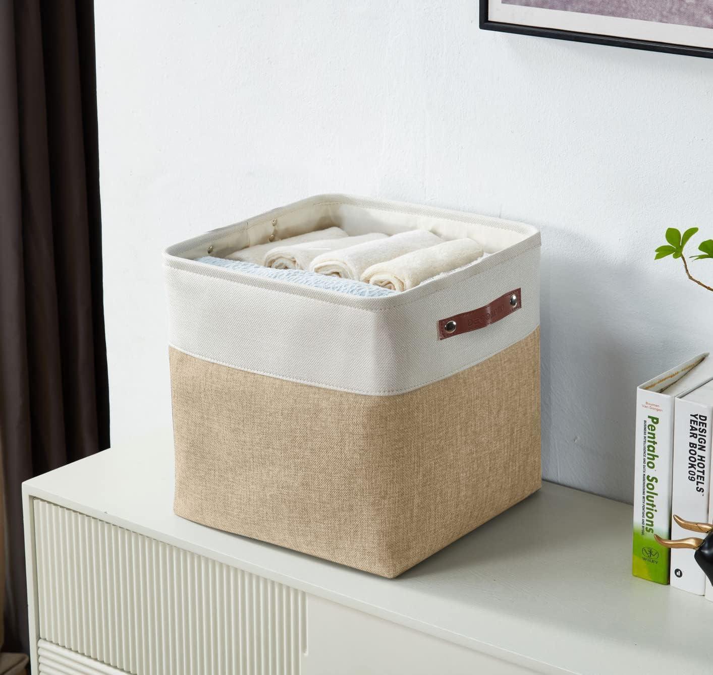 Beige and White Rectangular Fabric Storage Bins with Handles