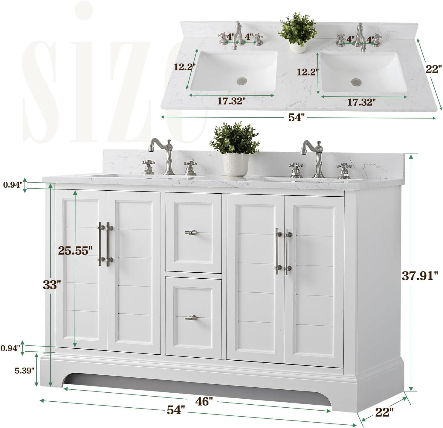 Vanity Art VA5054-W 54 x 22 x 34 in. Single Sink Bathroom Vanity with Quartz Top & Backsplash, White