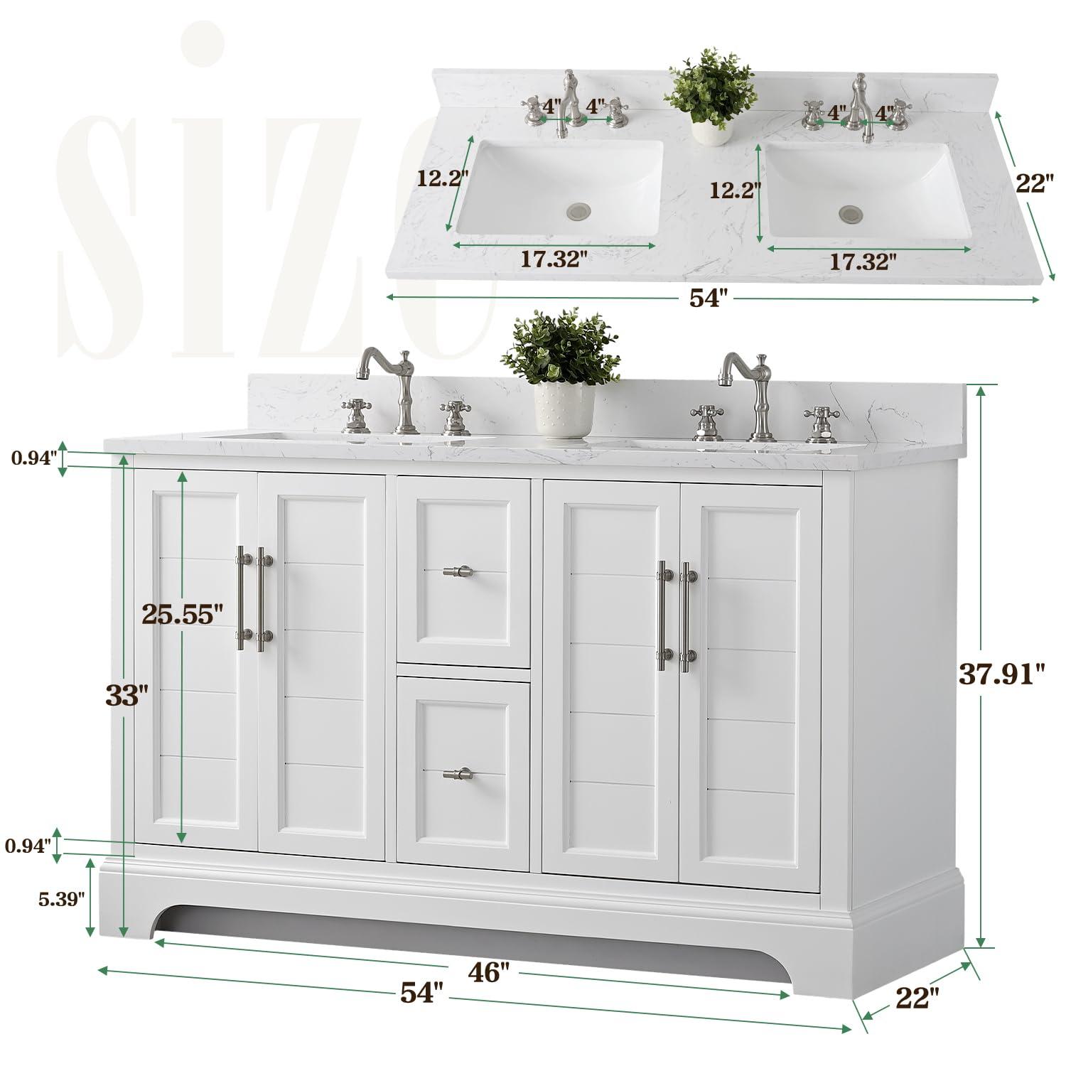 Vanity Art VA5054-W 54 x 22 x 34 in. Single Sink Bathroom Vanity with Quartz Top & Backsplash, White