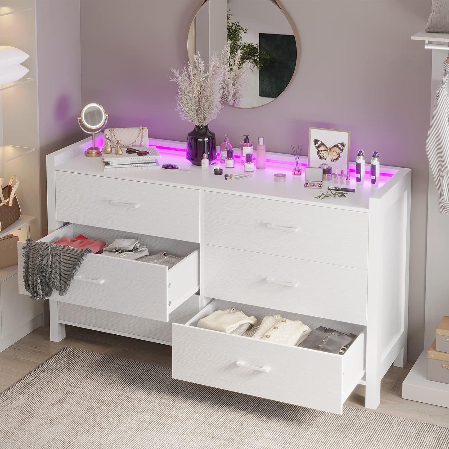 White Dresser with 6 Drawers for Bedroom, Modern Chest of Drawers Storage Dresser with LED Lights for Living Room