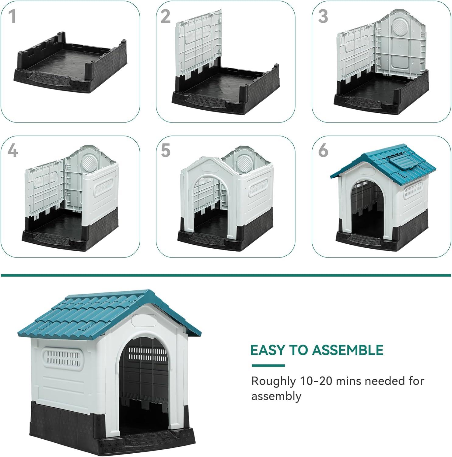 Dextrus Large Foldable Plastic Doghouse, 26.8''Lx22.4''Wx26''H Outdoor Plastic Dog House for Small Breeds with Adjustable Skylight and Elevated Floor