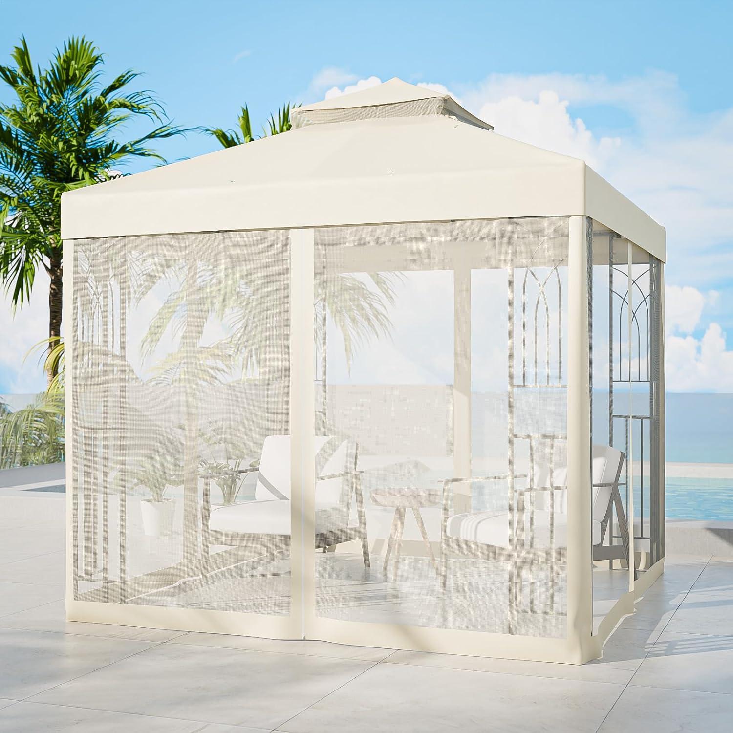 COOS BAY 8 Ft. W x 8 Ft. D Steel Frame Vented Soft Top Patio Gazebo with Mesh Netting, Corner Shelves