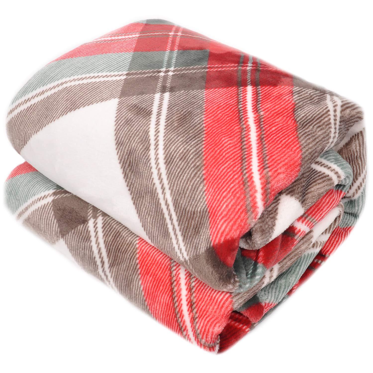 Ultra Soft Throw Blanket with Plaid, Cozy Flannel Fleece Luxury Blanket for Bed, Sofa and Couch (50 x 60 inch, Red)