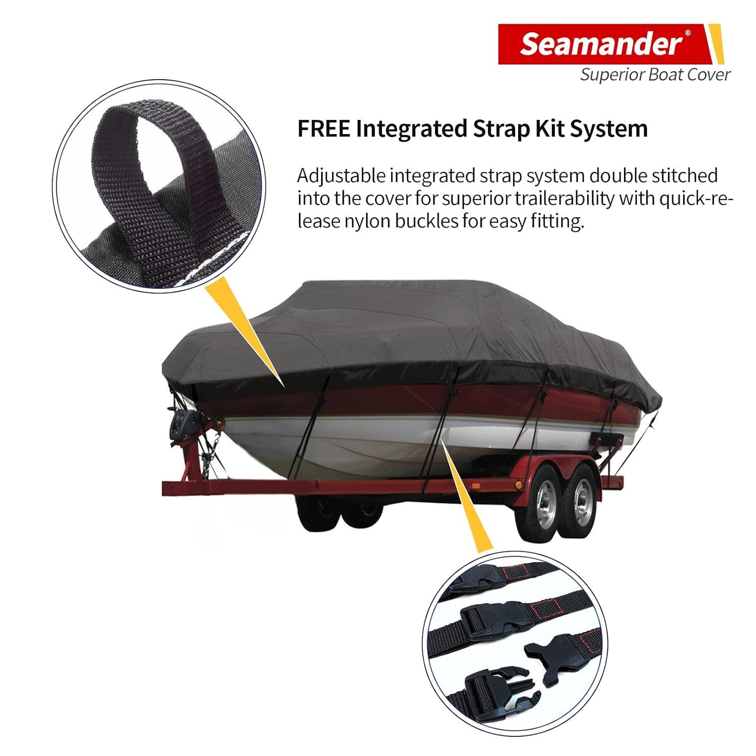 Seamander Solution Dye 600 Denier Heavy duty Waterproof Boat Cover, Fits boats 14'-16'L x 90"W, V-Hull Fishing Ski Boat Pro Bass Inboard Outboard Trailerable Boat Covers , Dark Gray