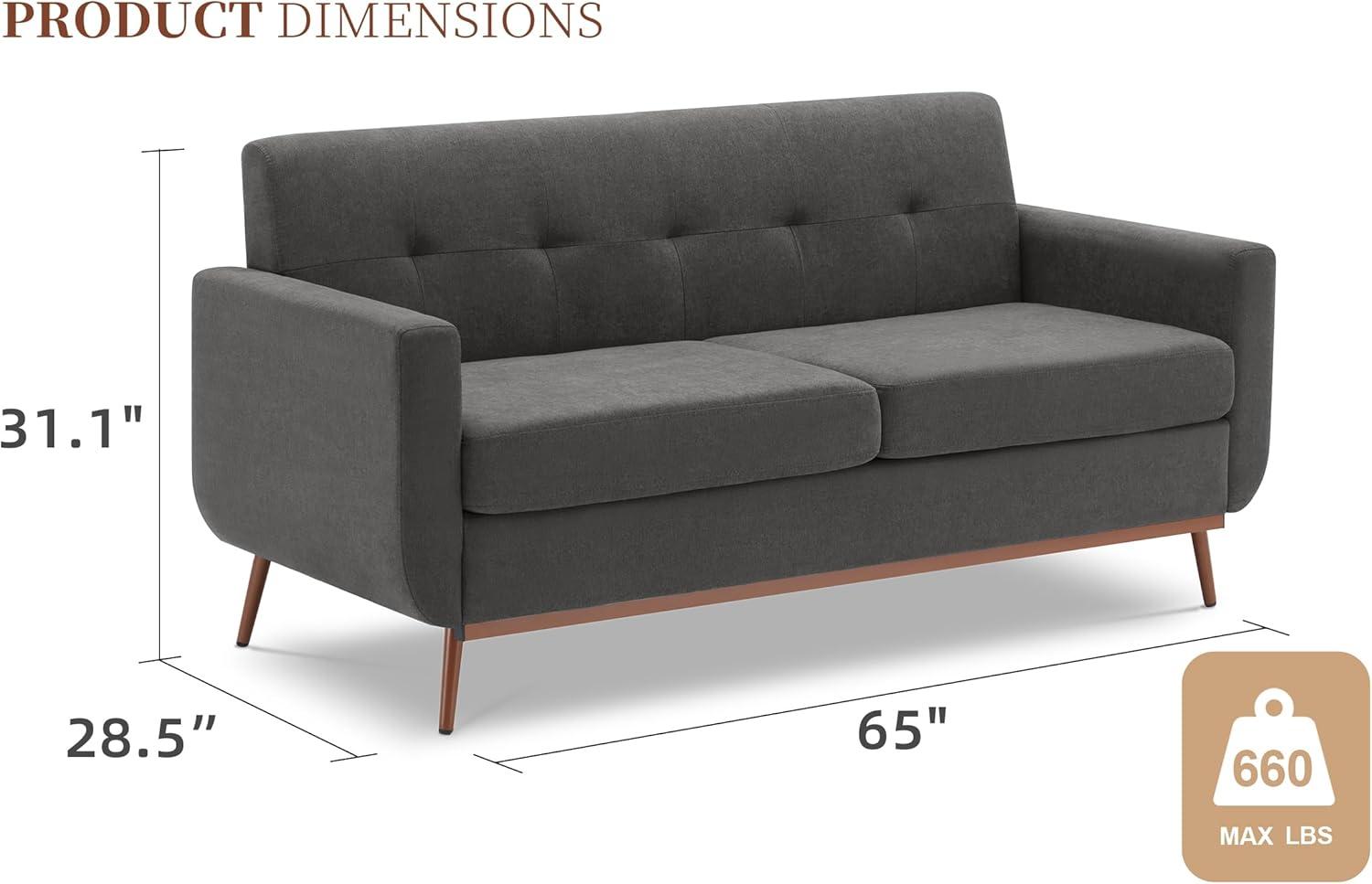 65" Loveseat Sofa, Mid Century Modern Love Seat Couches for Living Room, Comfy Button Tufted Upholstered Sofa Couch for Bedroom, Solid & Easy to Install Small Couch for Small Spaces, Dark Grey